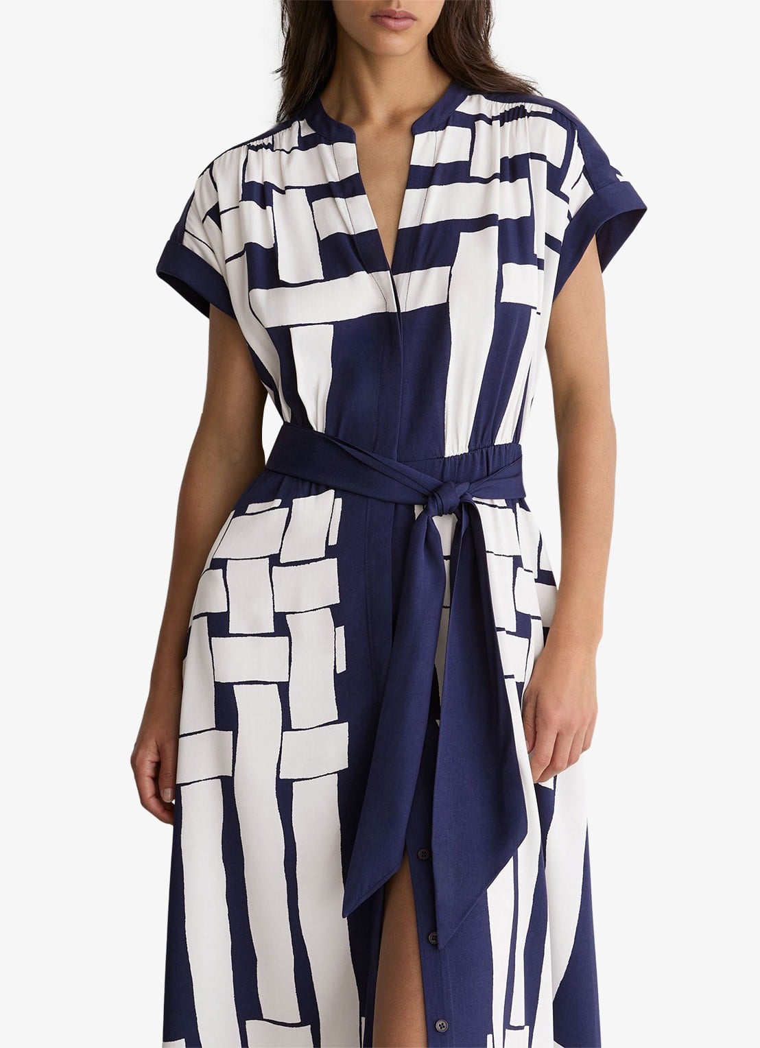 Reiss Samira midi jurk met print en strikceintuur - detail 2 navy / ivoor