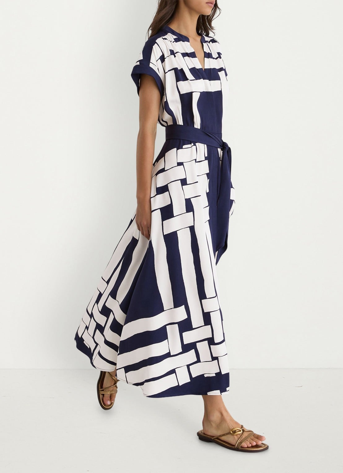 Reiss Samira midi jurk met print en strikceintuur - detail 4 navy / ivoor