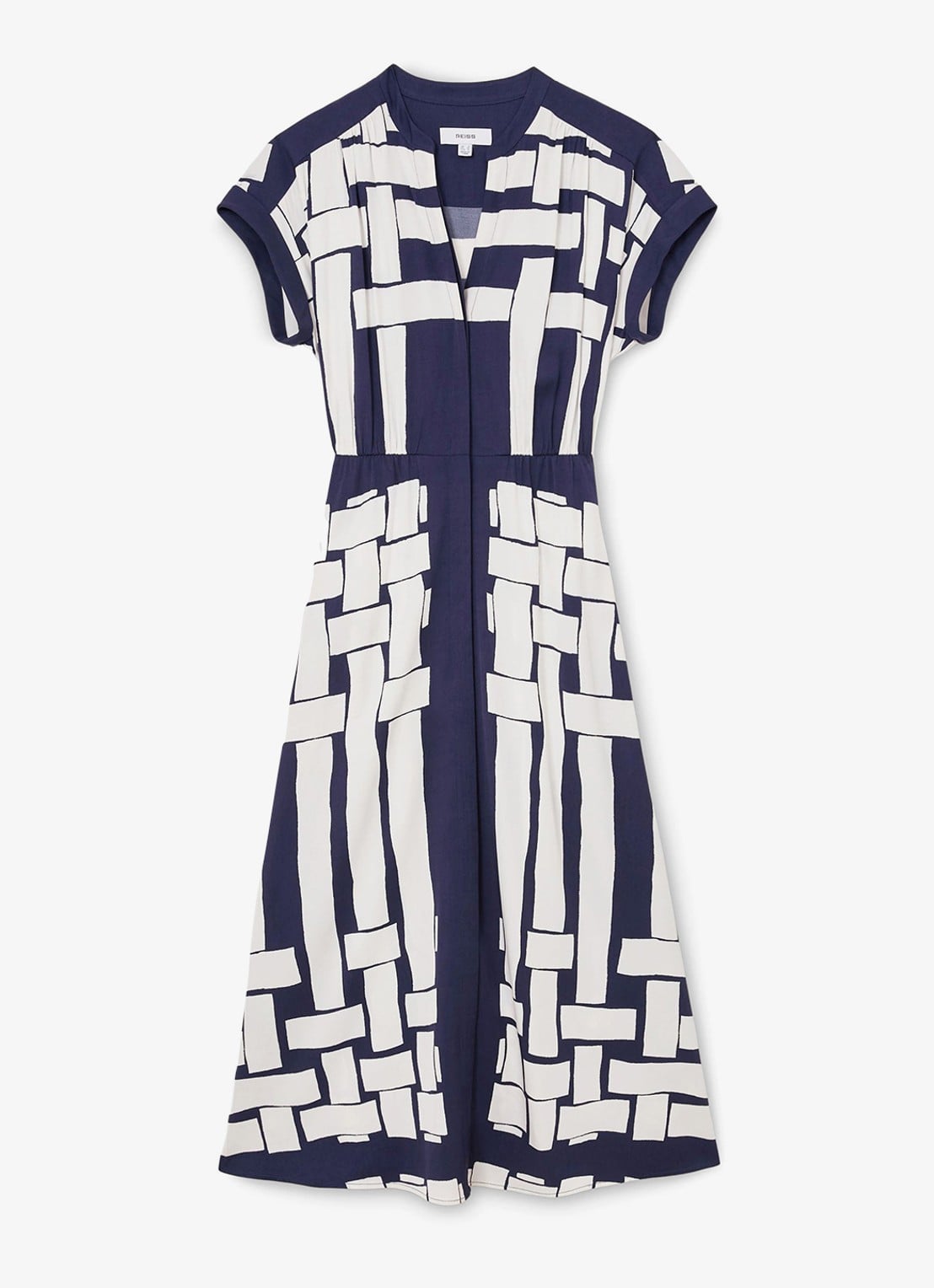 Reiss Samira midi jurk met print en strikceintuur - voorkant 6 navy / ivoor