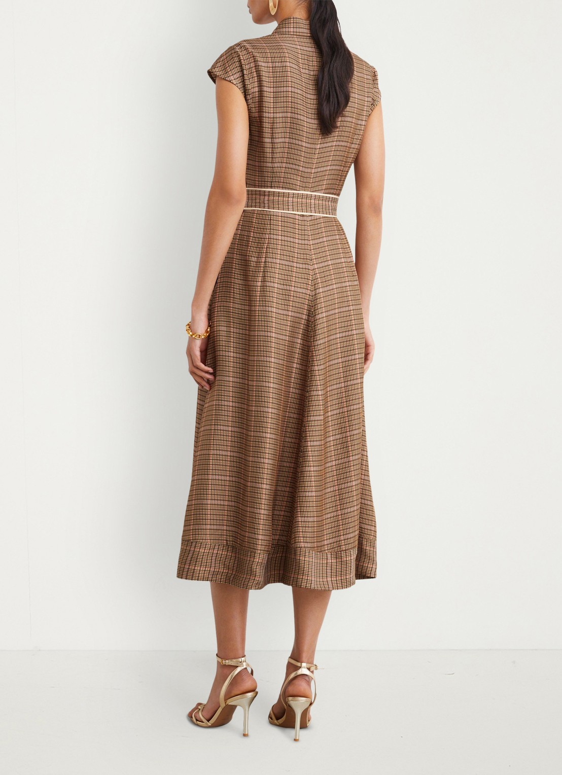 Reiss Sammie midi jurk met ceintuur en ruitdessin  - achterkant 5 lichtbruin