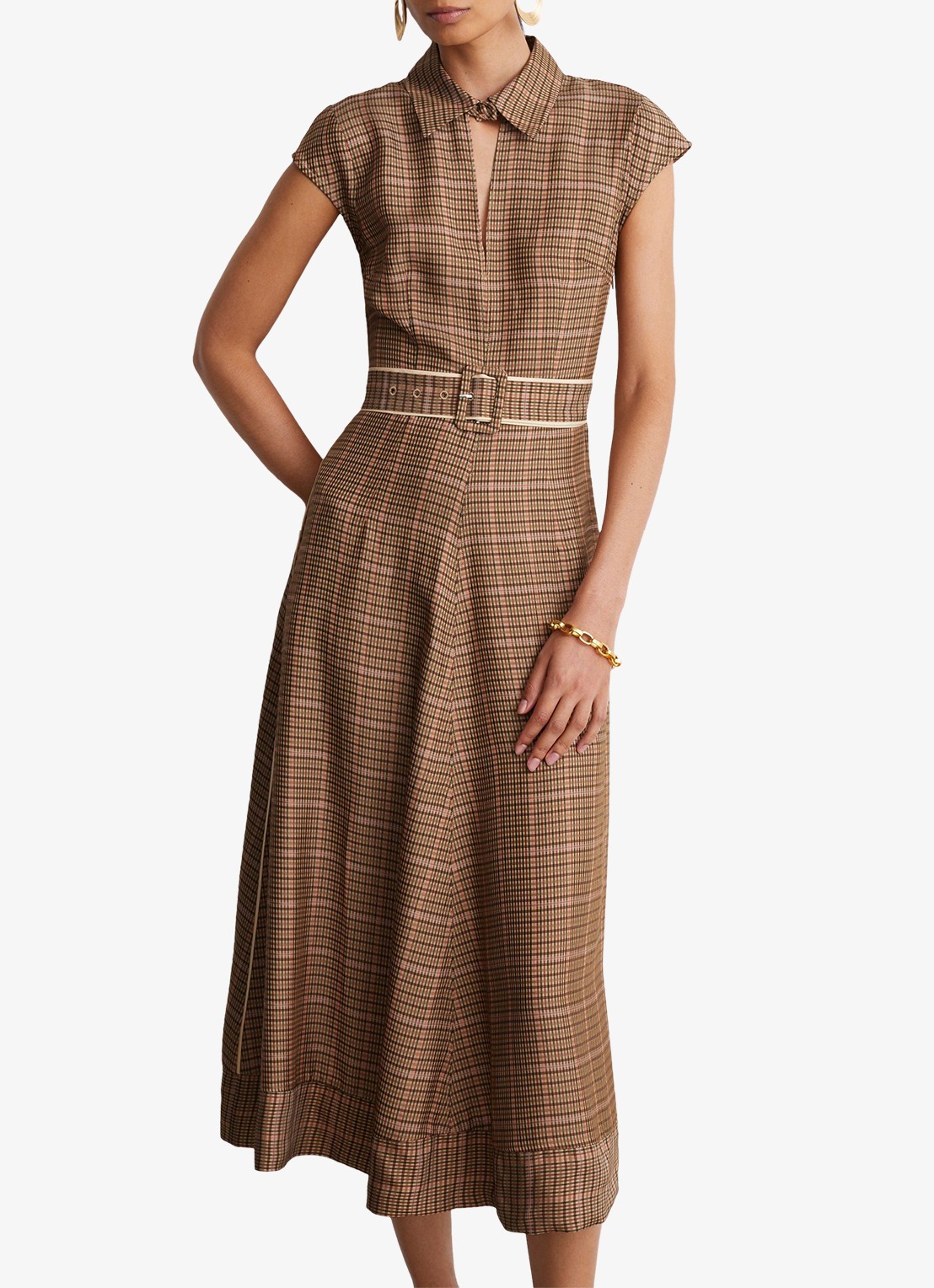 Reiss Sammie midi jurk met ceintuur en ruitdessin  - detail lichtbruin