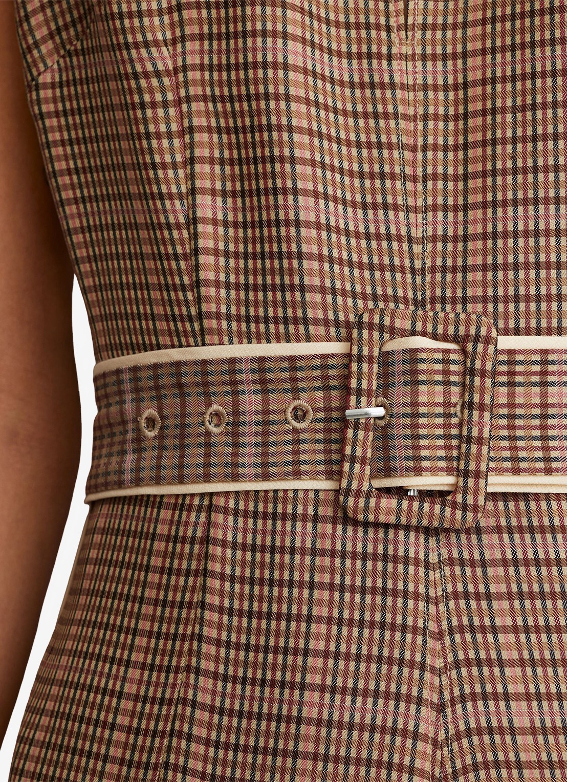 Reiss Sammie midi jurk met ceintuur en ruitdessin  - detail 4 lichtbruin