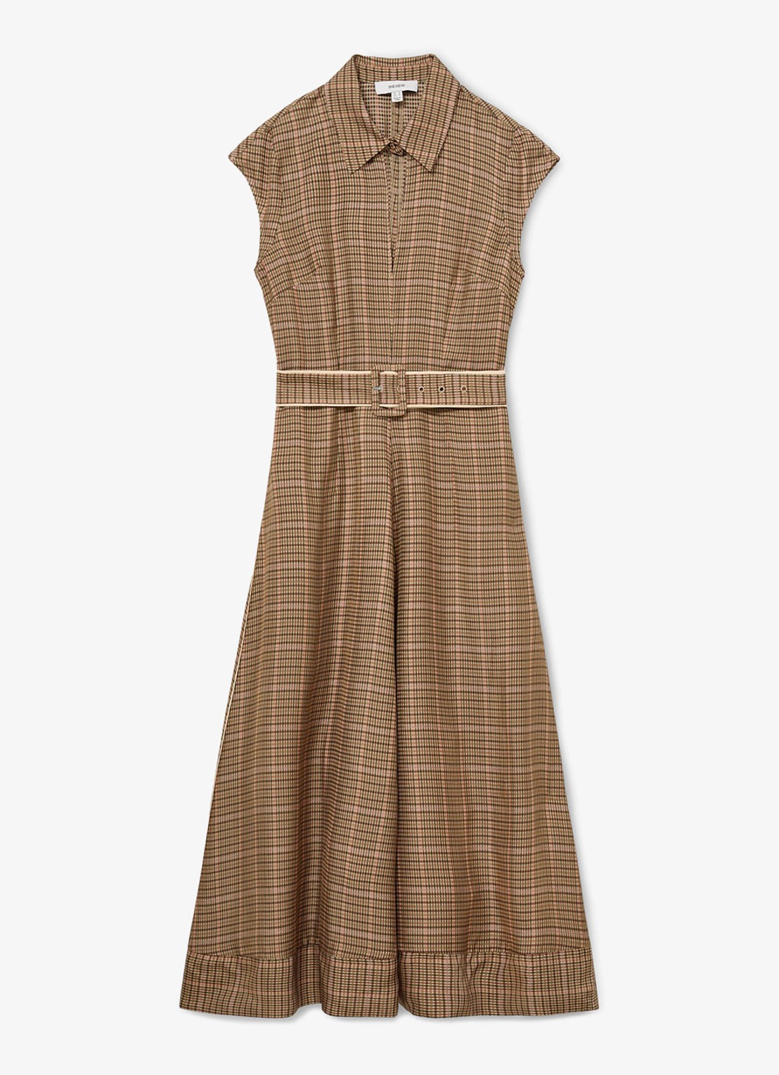 Reiss Sammie midi jurk met ceintuur en ruitdessin  - voorkant 6 lichtbruin