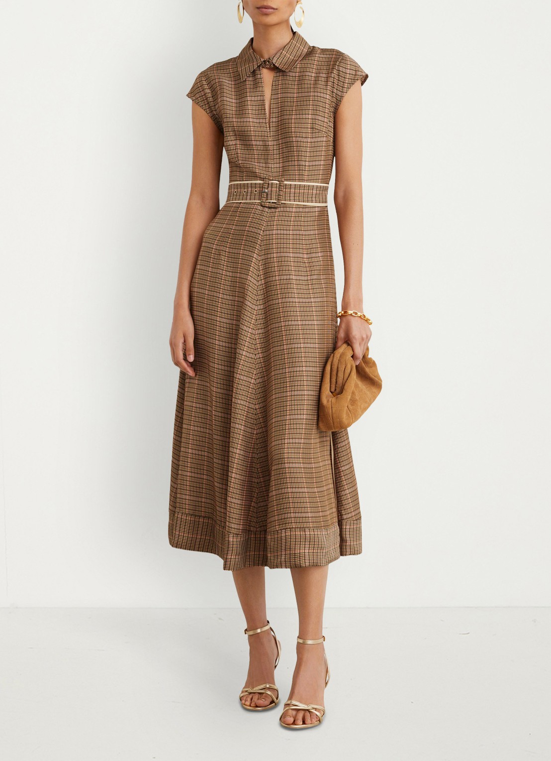 Reiss Sammie midi jurk met ceintuur en ruitdessin  - voorkant 7 lichtbruin