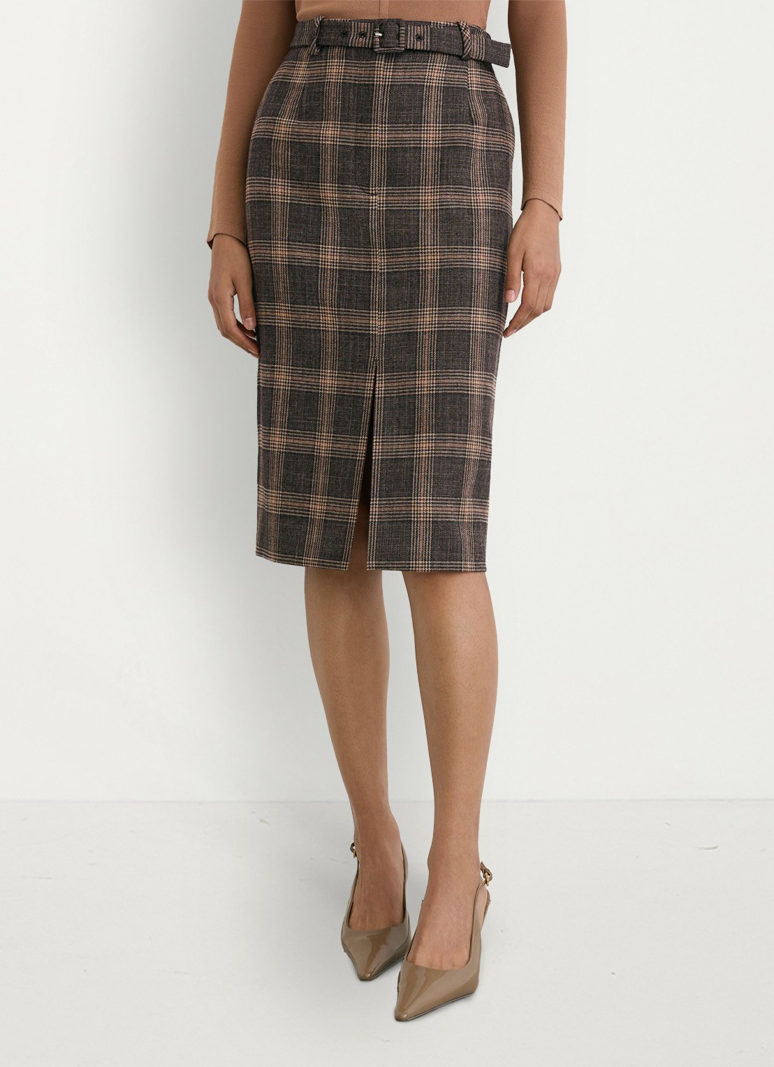 Reiss Sandor midi rok van wol met ruitdessin - detail bruin