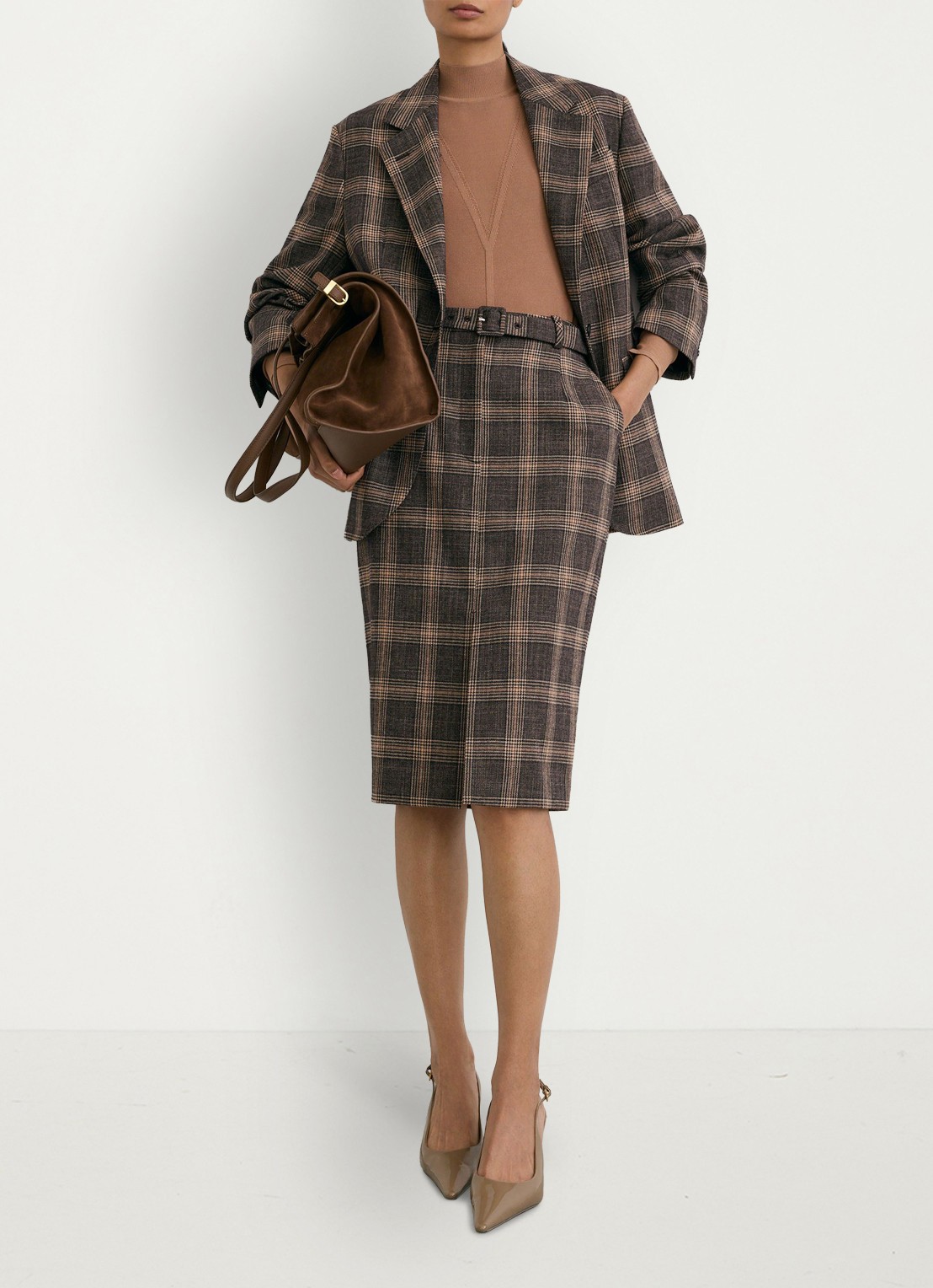Reiss Sandor midi rok van wol met ruitdessin - voorkant 7 bruin