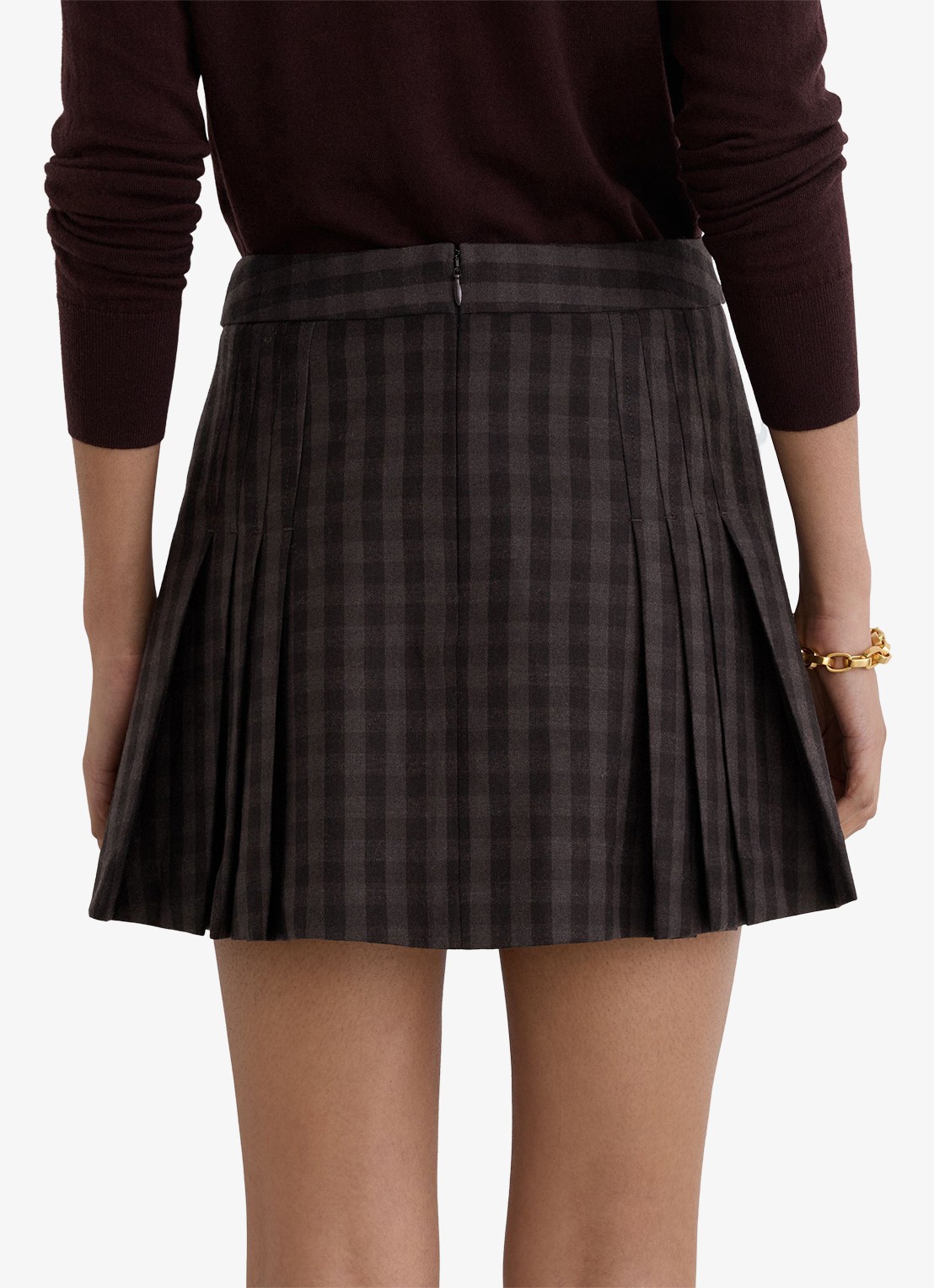Reiss Sandor mini rok van wol met plooien en ruitdessin - achterkant bruin