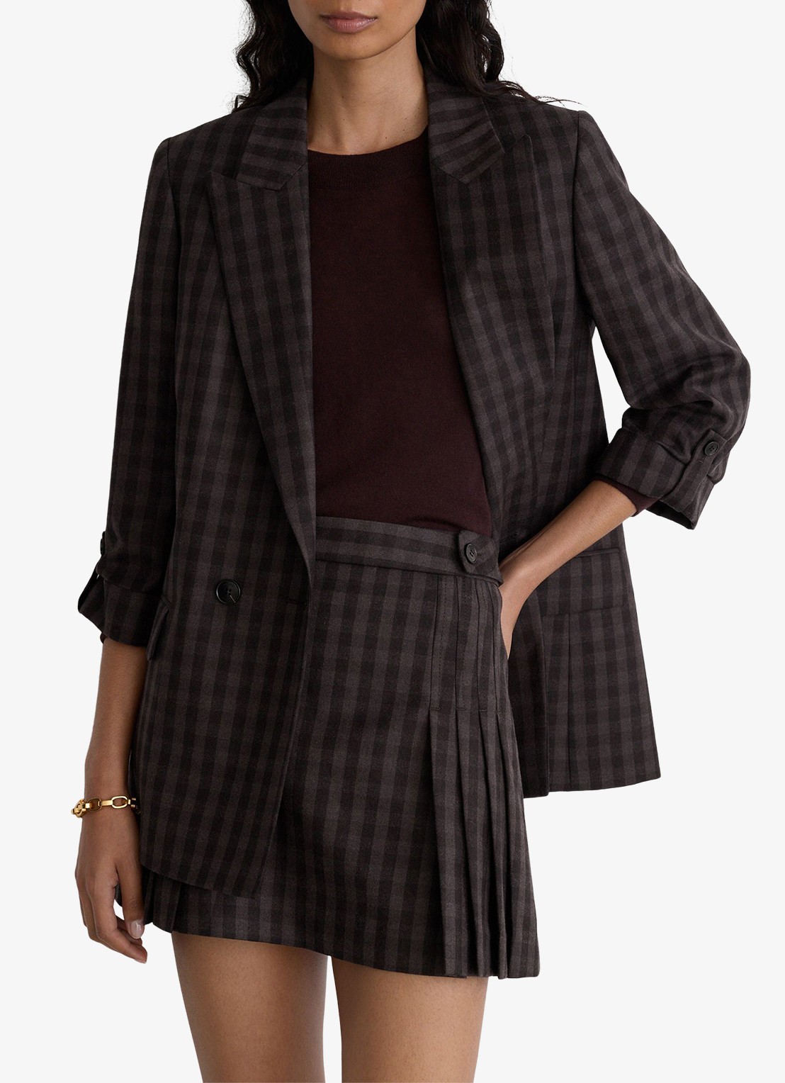 Reiss Sandor mini rok van wol met plooien en ruitdessin - voorkant 3 bruin
