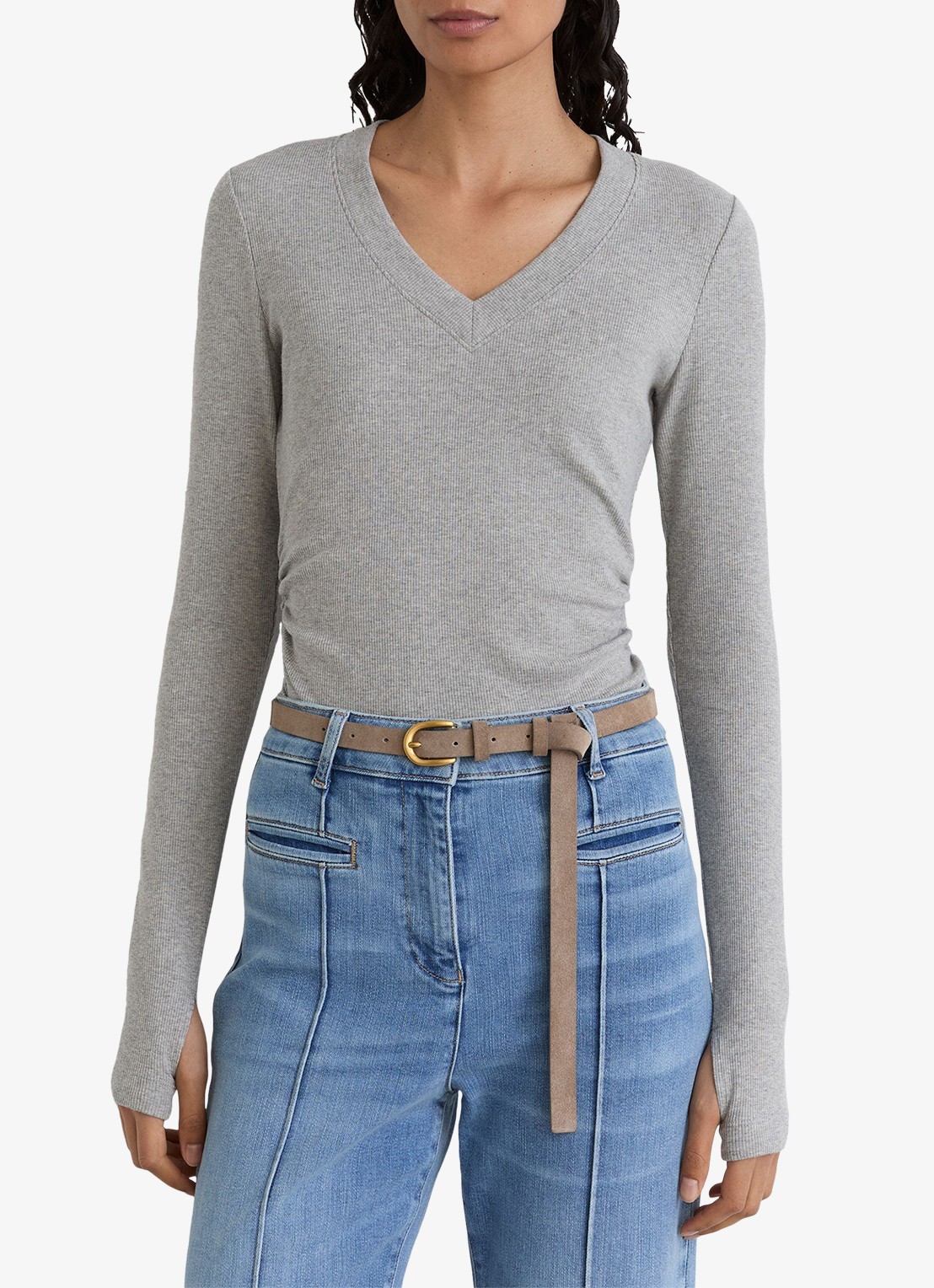 Reiss SANDRINE Cotton-Stretch V-Neck Ruched Top - detail 4 grijs