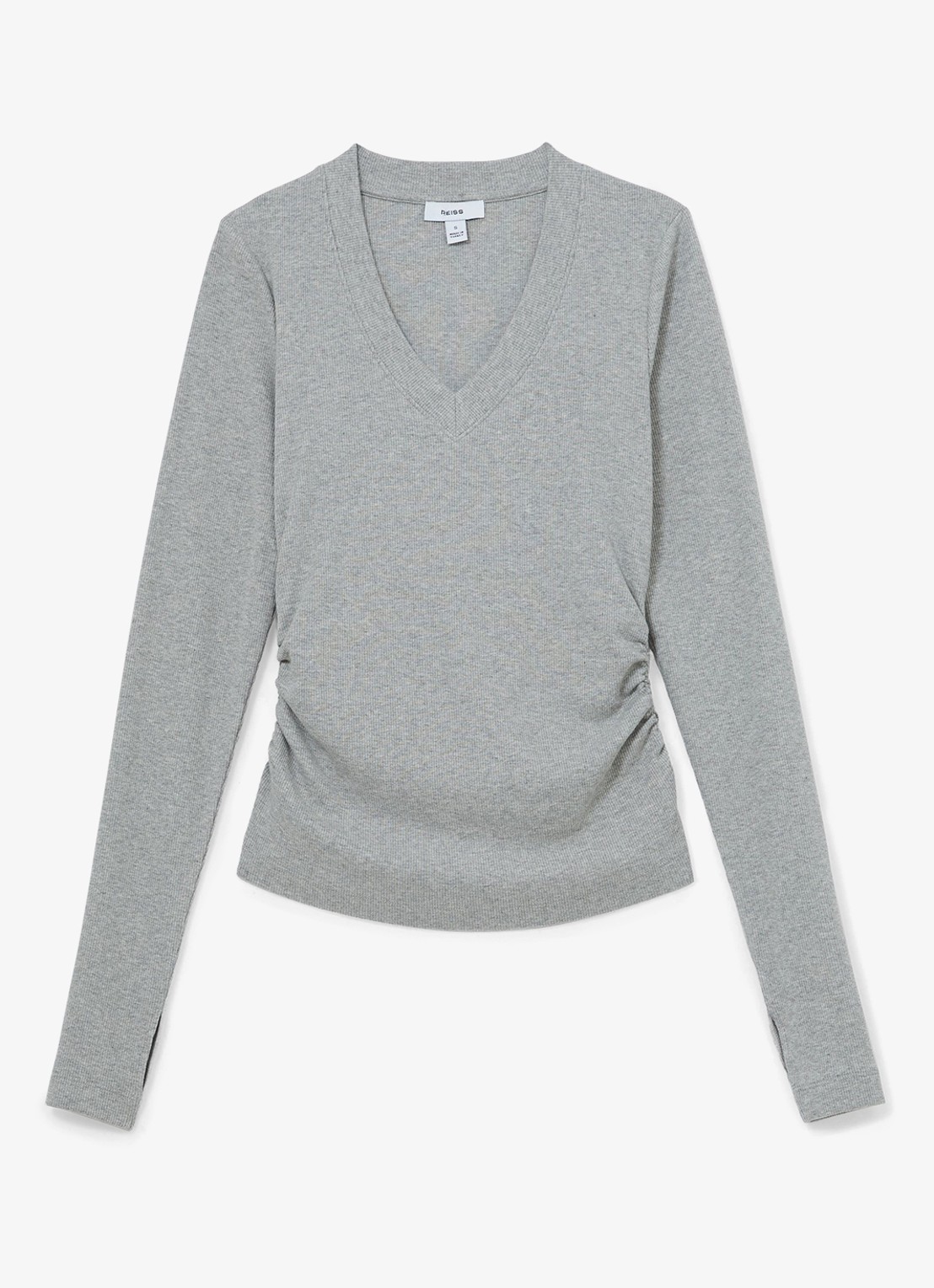 Reiss SANDRINE Cotton-Stretch V-Neck Ruched Top - voorkant 2 grijs