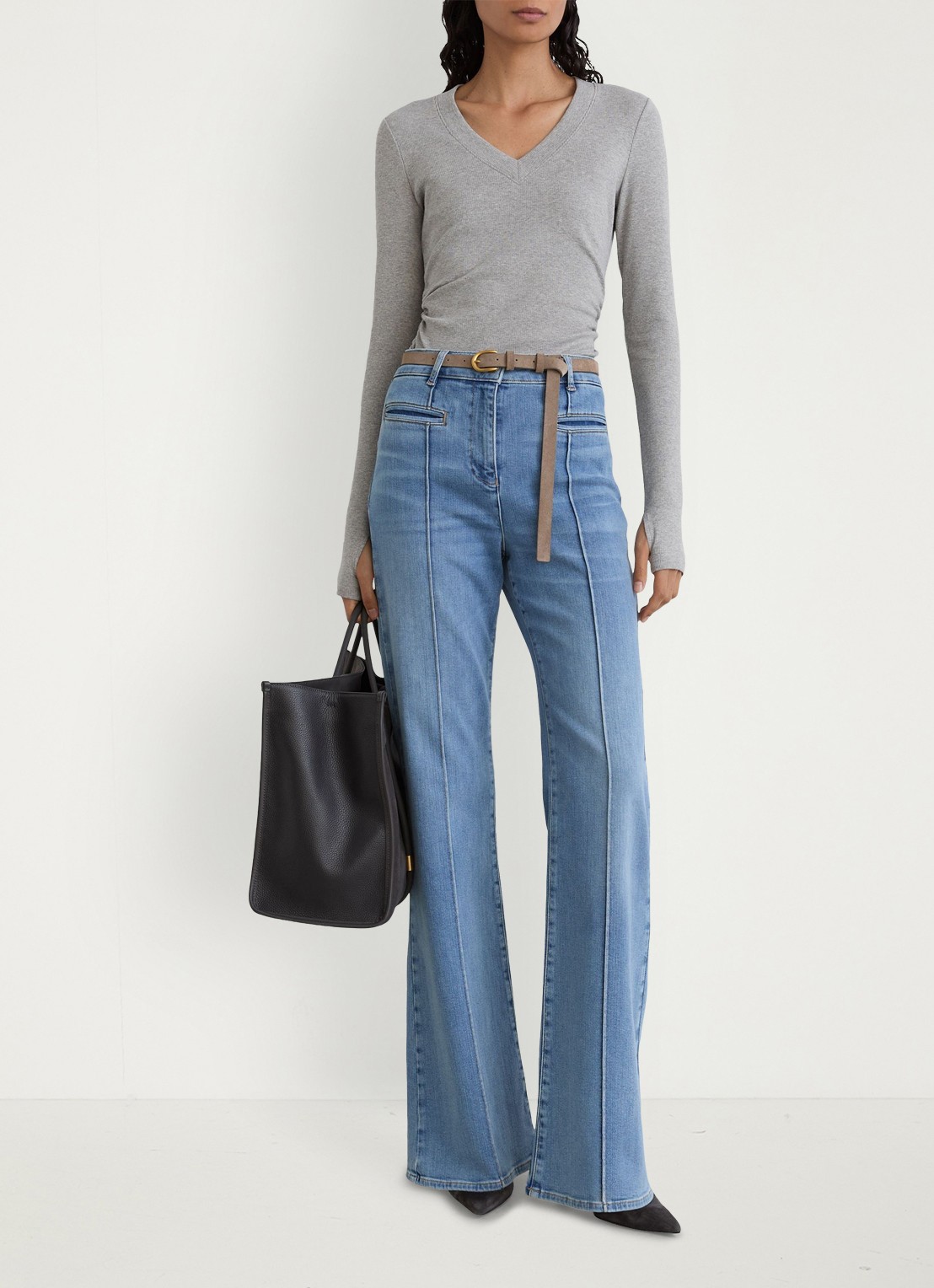 Reiss SANDRINE Cotton-Stretch V-Neck Ruched Top - voorkant 3 grijs