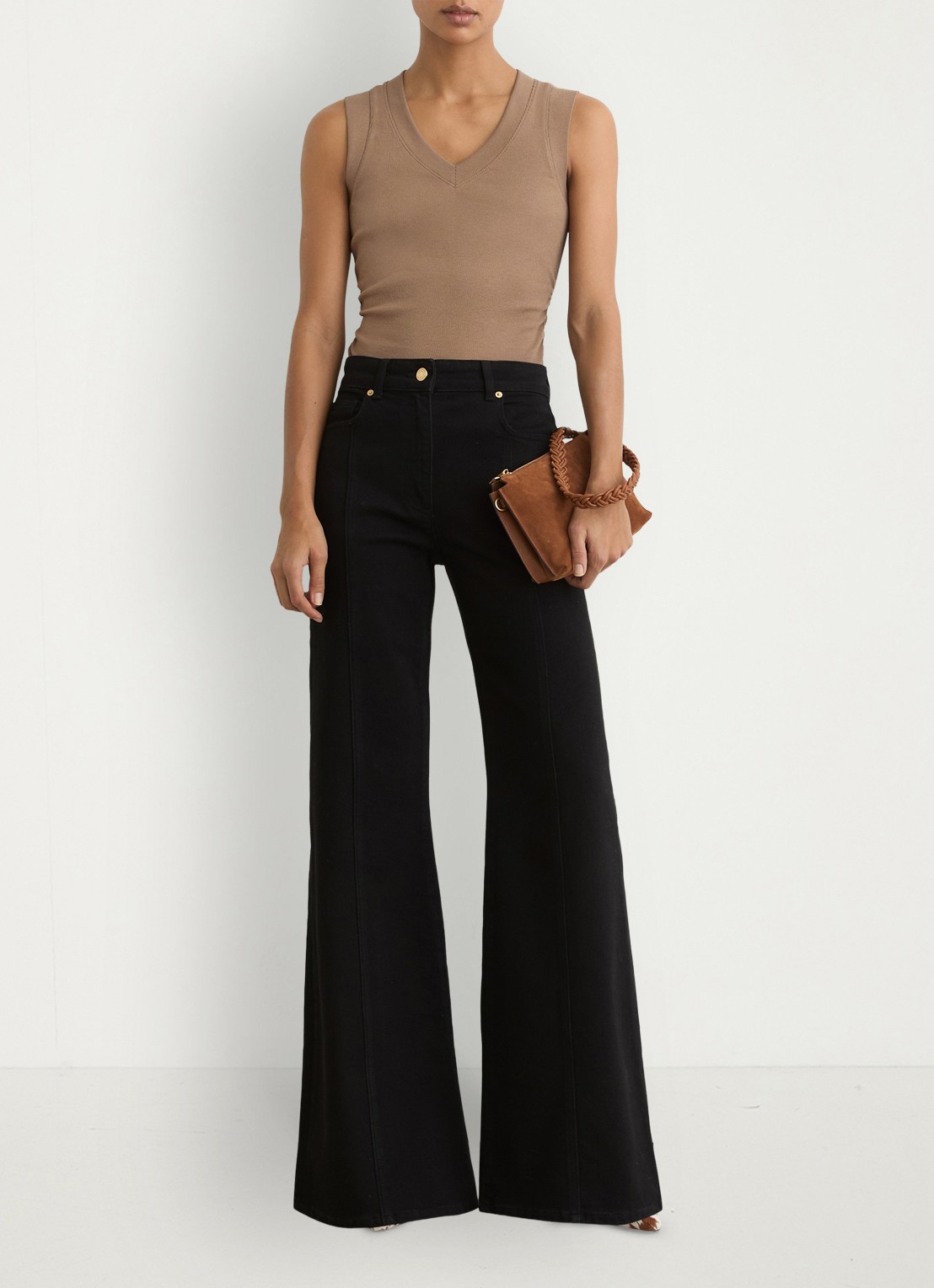 Reiss SANDY Stretch-Cotton Rib Ruched V-Neck Vest - detail 3 beige