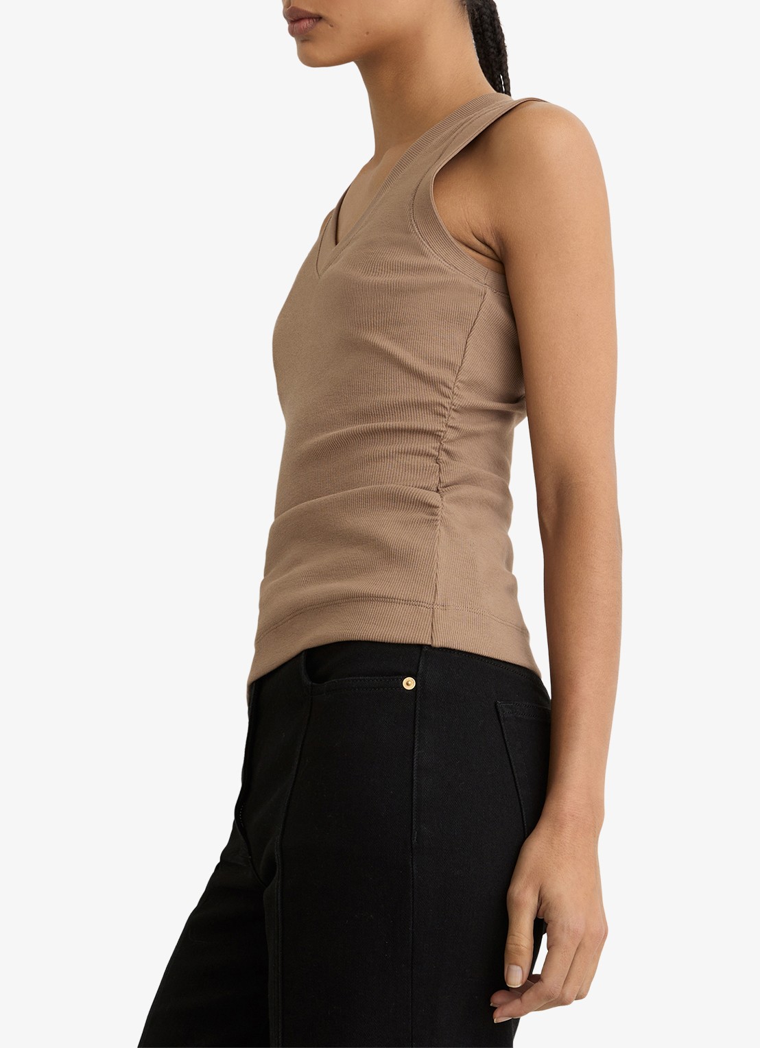 Reiss SANDY Stretch-Cotton Rib Ruched V-Neck Vest - detail 4 beige