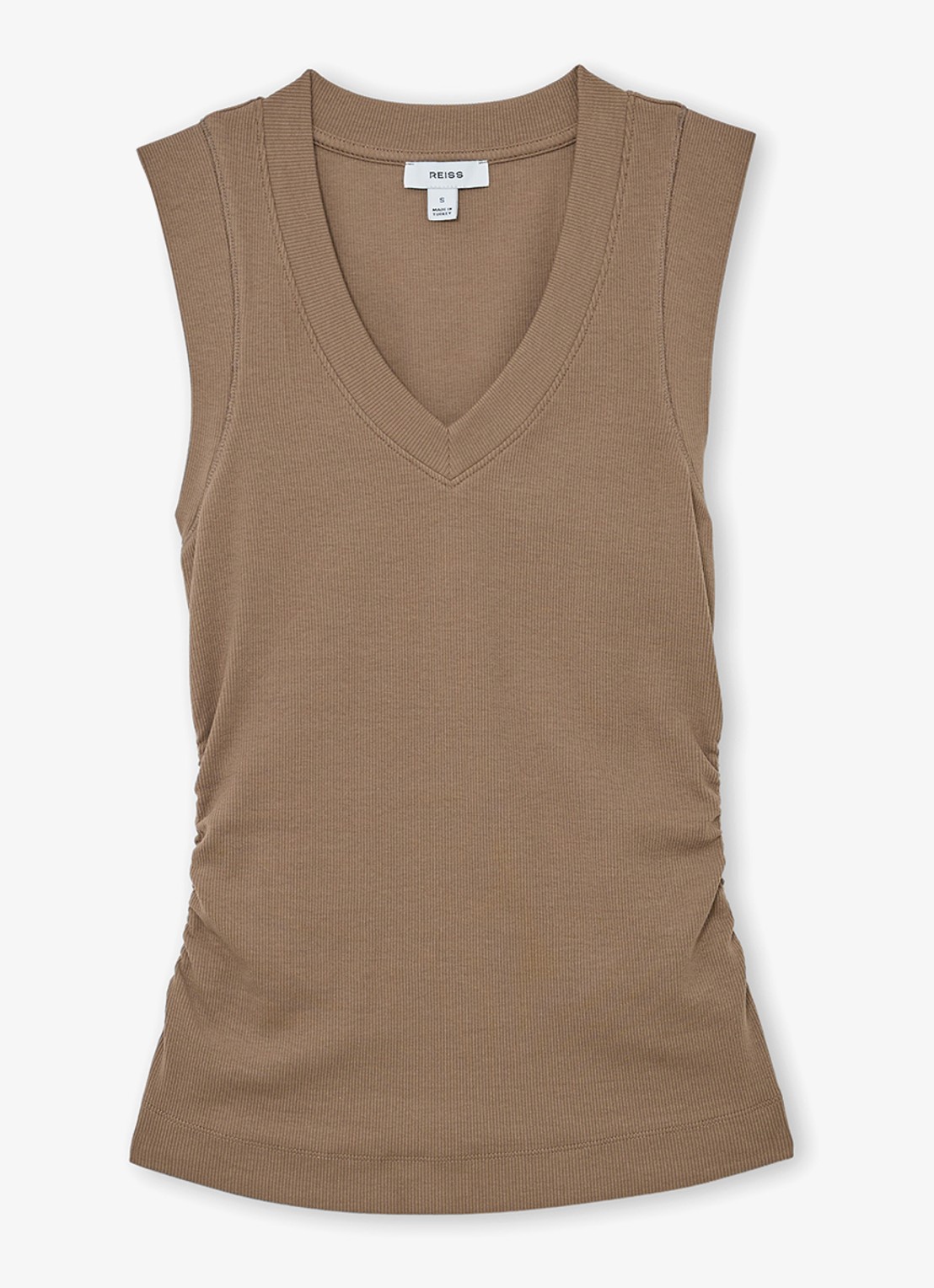 Reiss SANDY Stretch-Cotton Rib Ruched V-Neck Vest - voorkant beige
