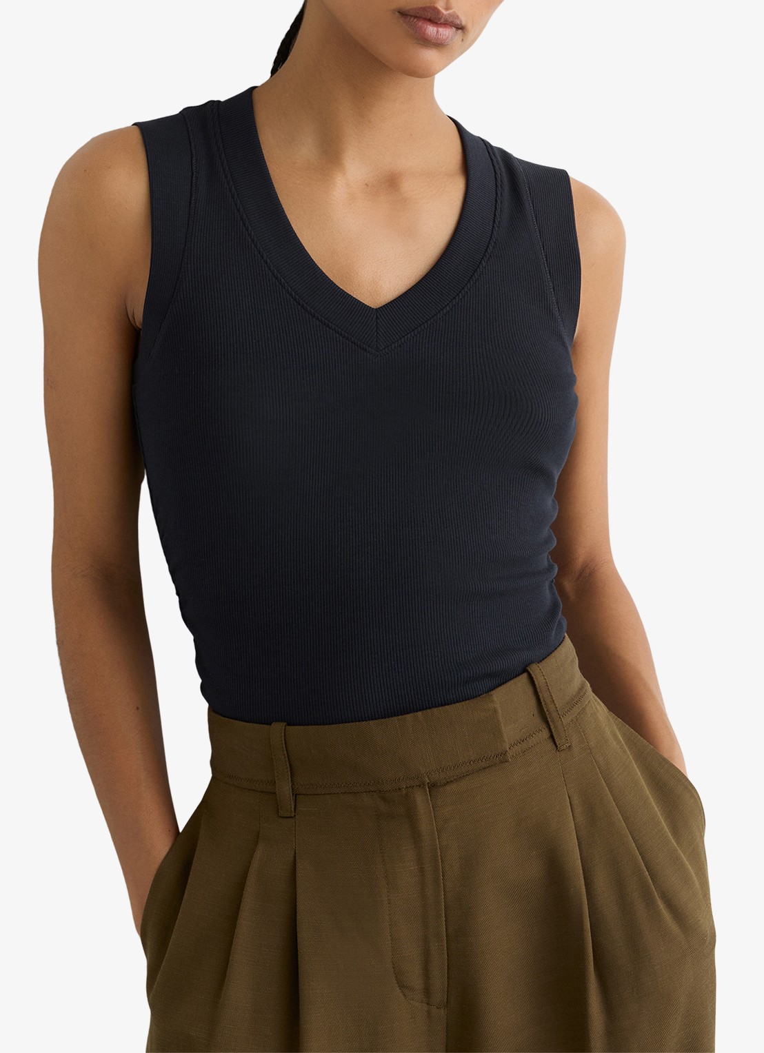 Reiss SANDY Stretch-Cotton Rib Ruched V-Neck Vest - detail blauw