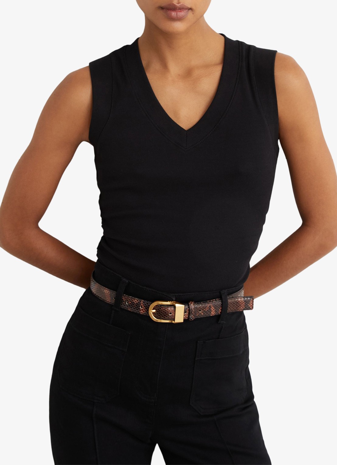 Reiss SANDY Stretch-Cotton Rib Ruched V-Neck Vest - detail 3 black / zwart