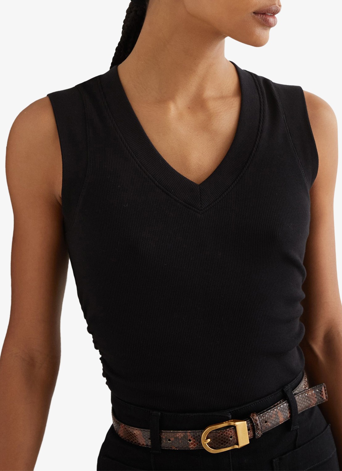 Reiss SANDY Stretch-Cotton Rib Ruched V-Neck Vest - detail 5 black / zwart