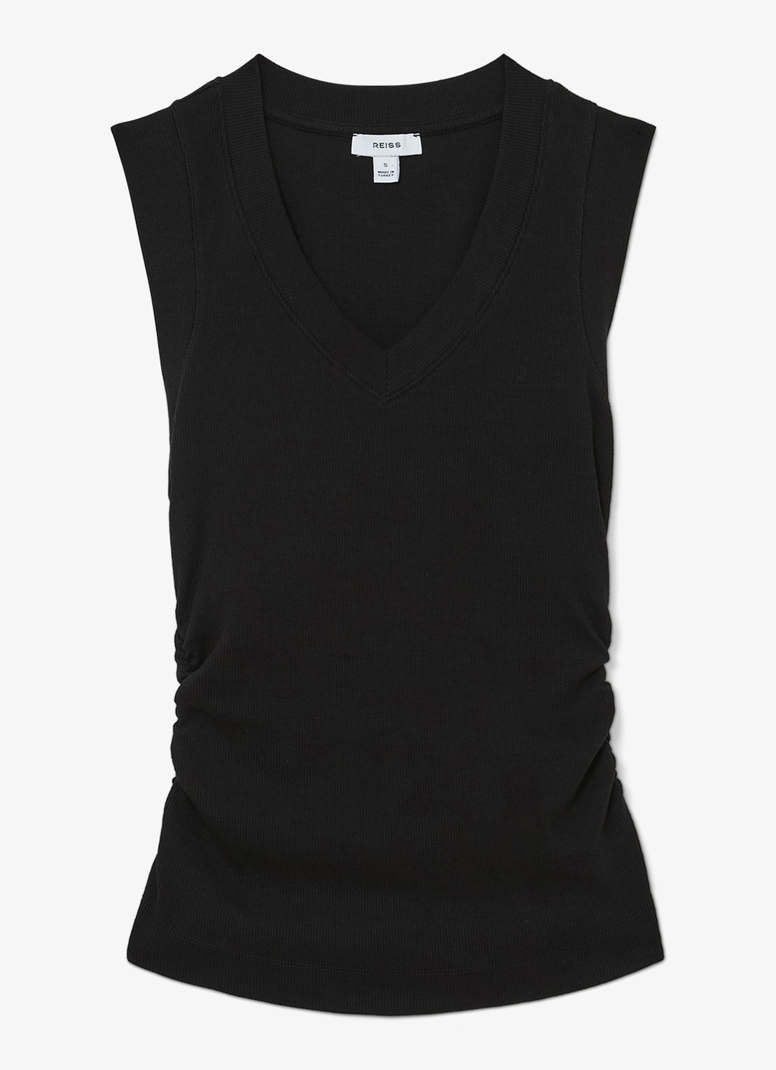 Reiss SANDY Stretch-Cotton Rib Ruched V-Neck Vest - voorkant black / zwart