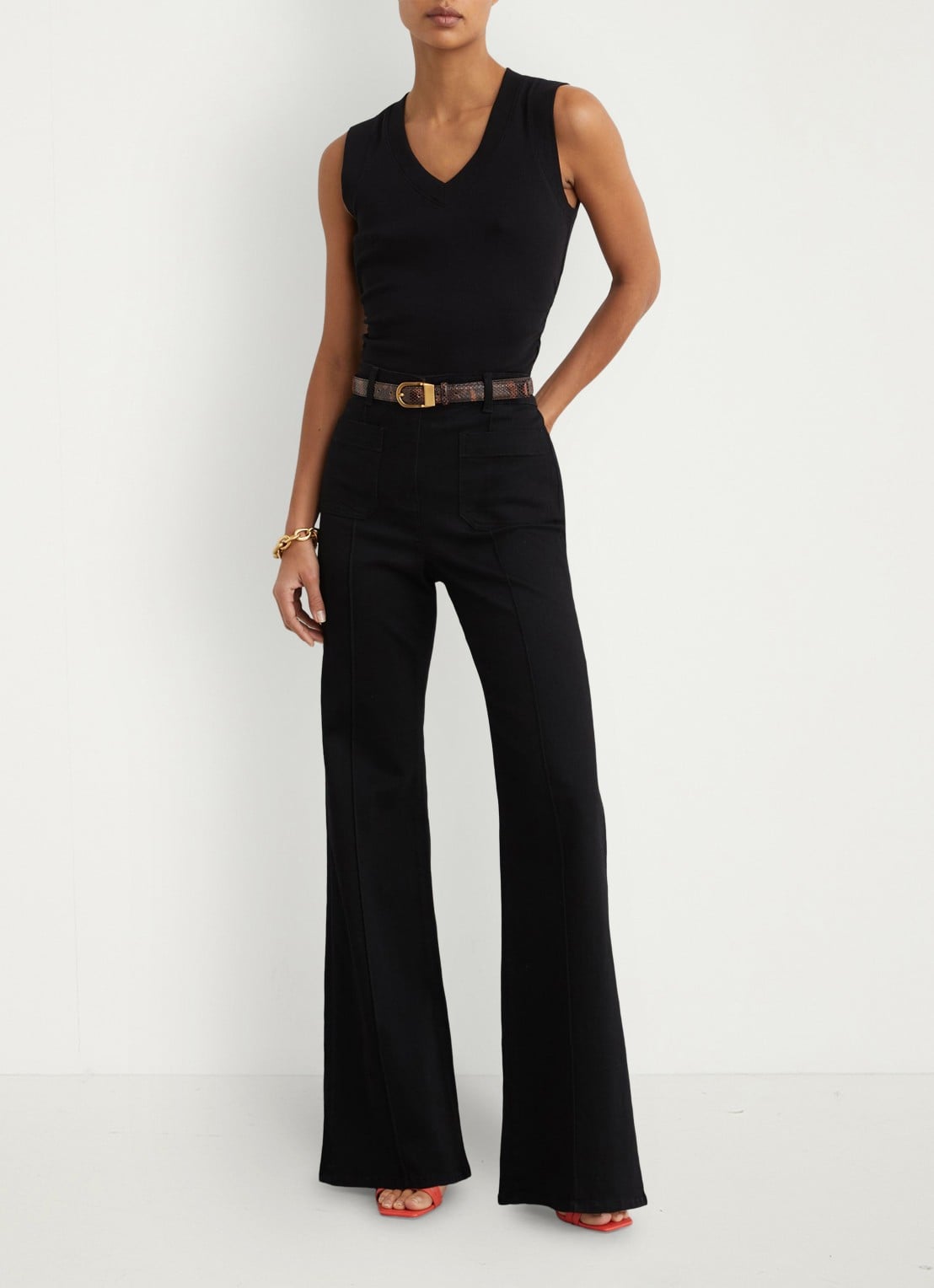 Reiss SANDY Stretch-Cotton Rib Ruched V-Neck Vest - voorkant 2 black / zwart