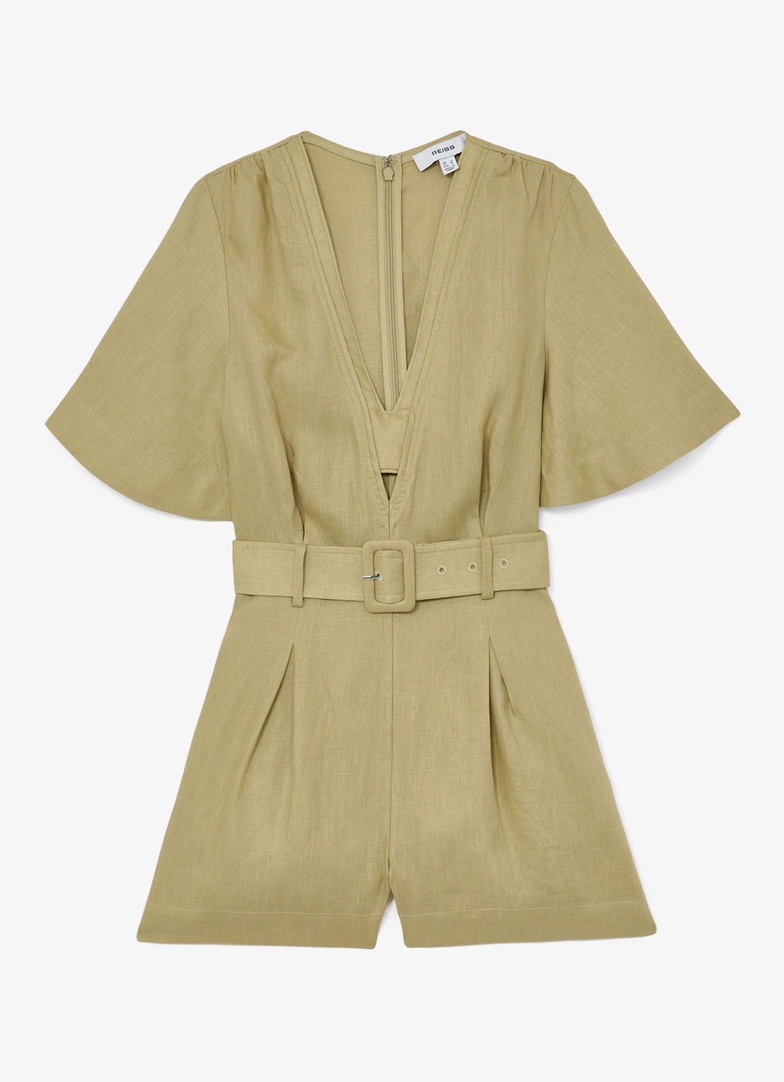 Reiss Sansi wide fit playsuit van linnen - voorkant 2 mosgroen