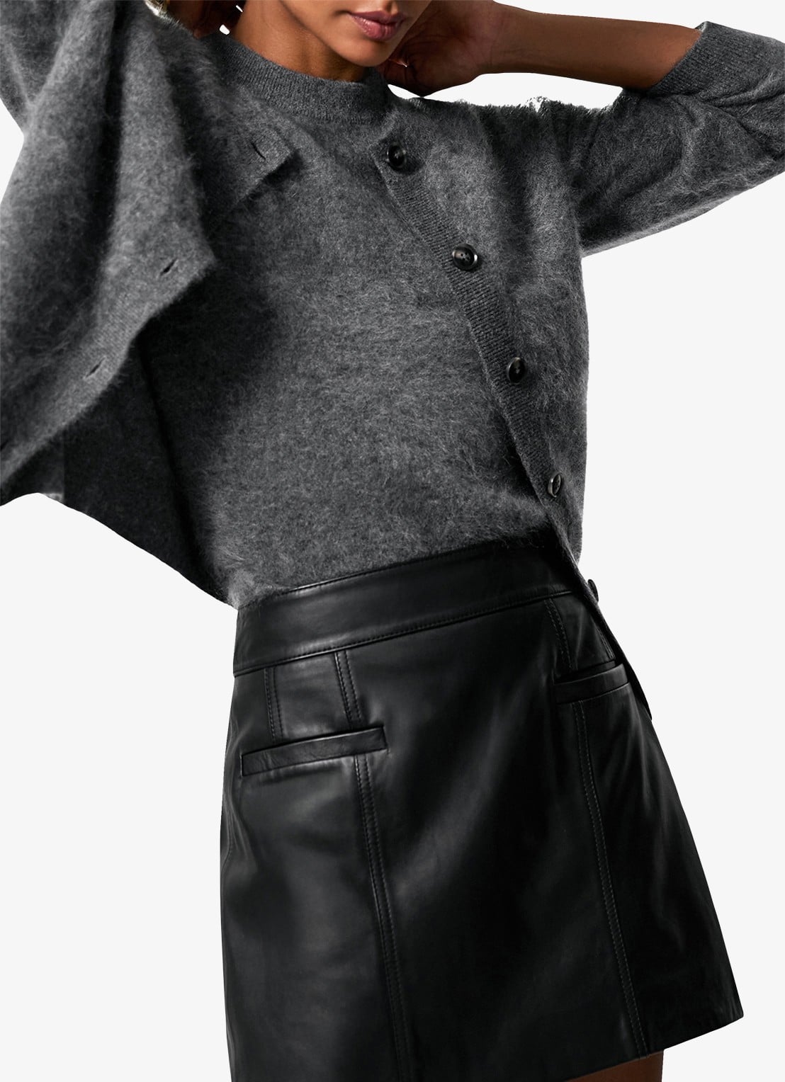 Reiss Seema high waist minirok van schapenleer  - voorkant 3 black / zwart
