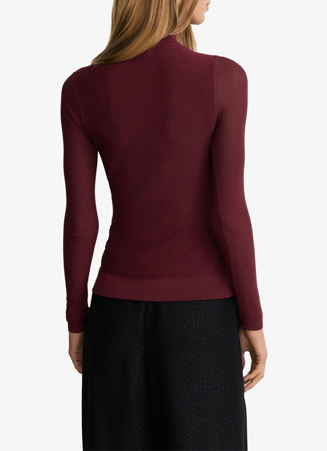 Reiss Selene gebreide top met transparante details - achterkant bordeauxrood
