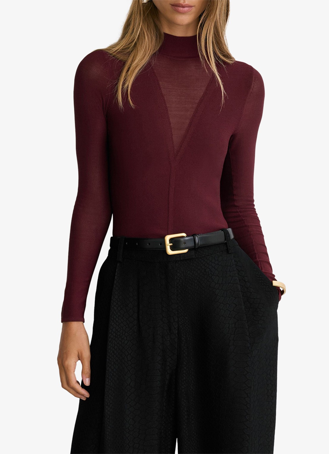 Reiss Selene gebreide top met transparante details - detail 4 bordeauxrood