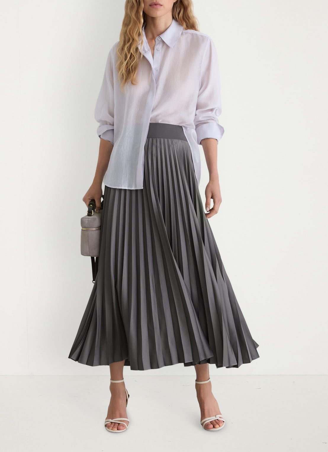 Reiss Seren midi rok met plissé - voorkant 2 grey / grijs