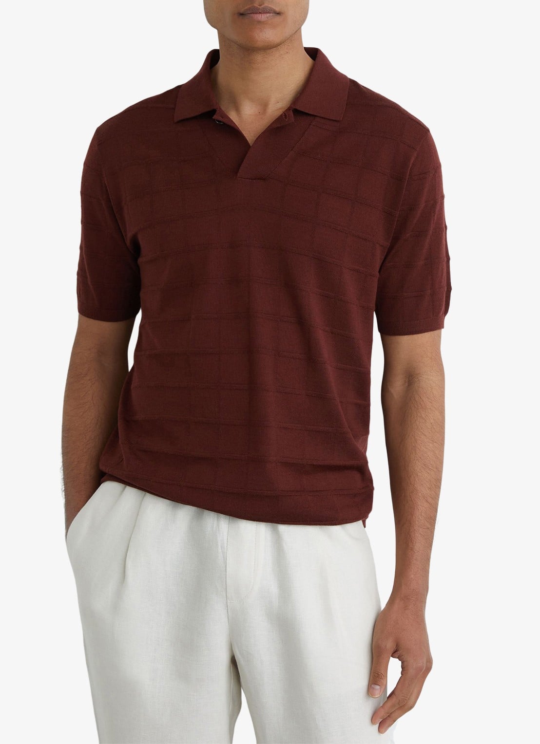 Reiss Serval regular fit polo in wolblend met ruitdessin - detail bordeaux / rood