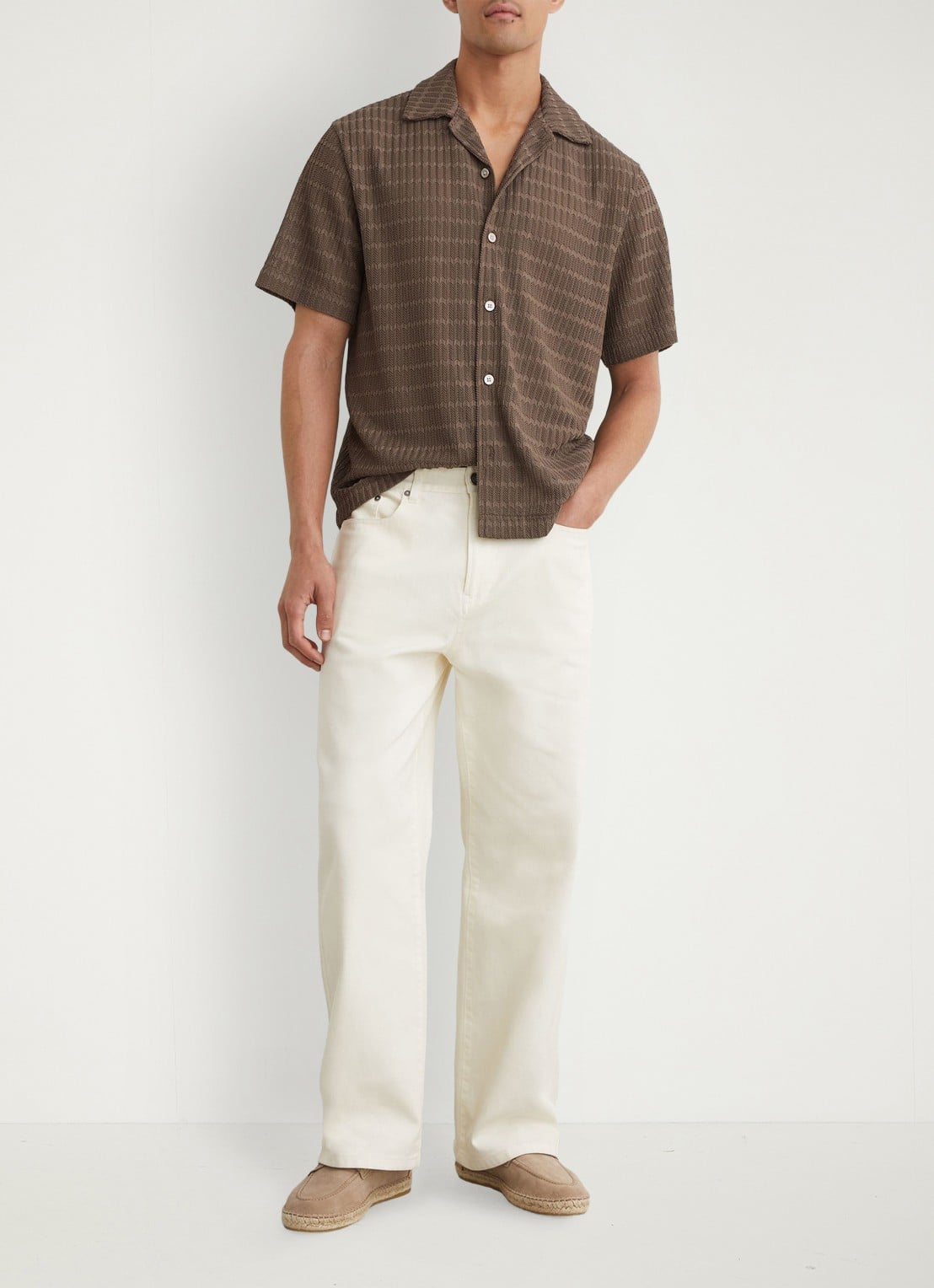 Reiss SID Chevron-Crochet Cuban-Collar Shirt - voorkant 3 taupe brown / bruin