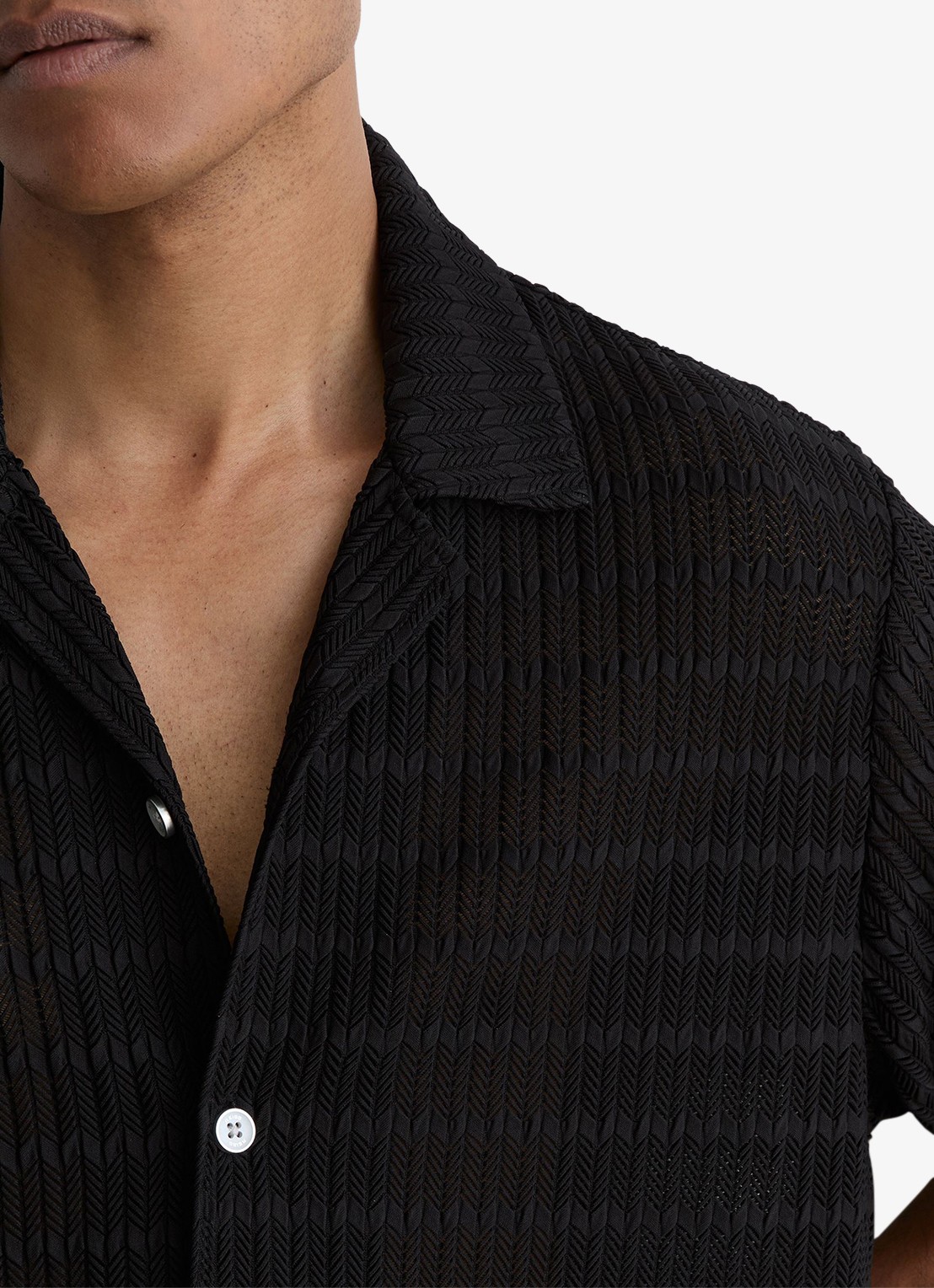 Reiss SID Chevron-Crochet Cuban-Collar Shirt - detail 5 black / zwart