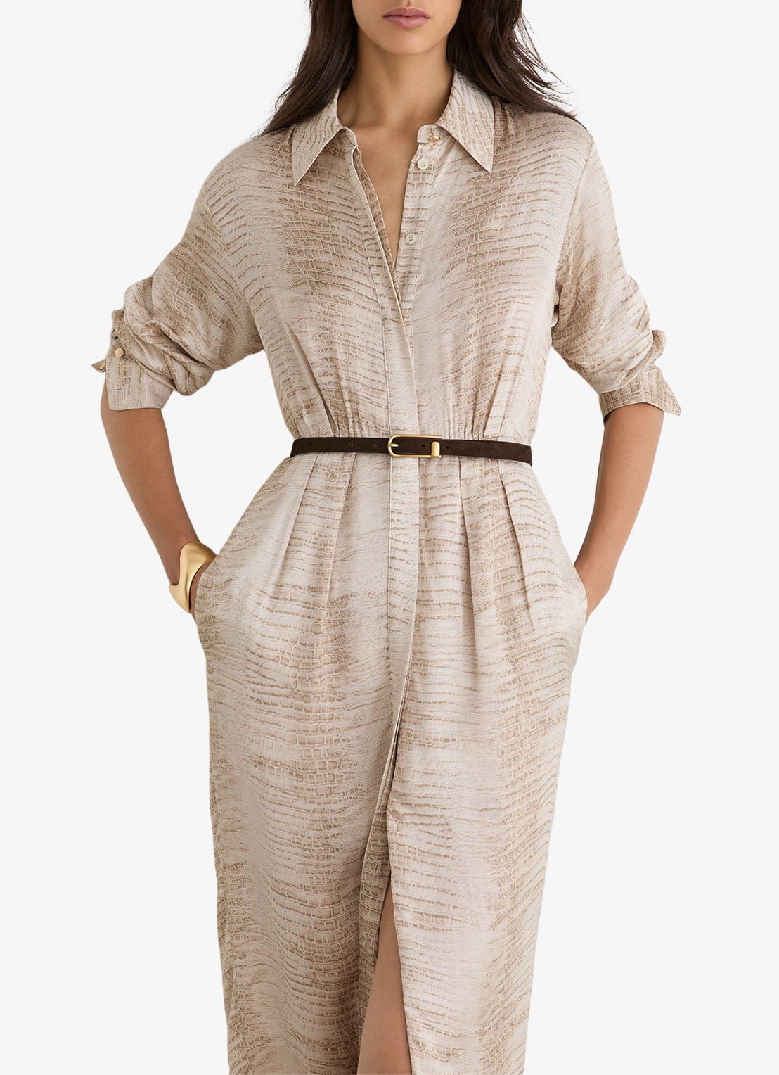 Reiss Sienna midi blousejurk met slangenprint en ceintuur - detail 5 neutral / beige