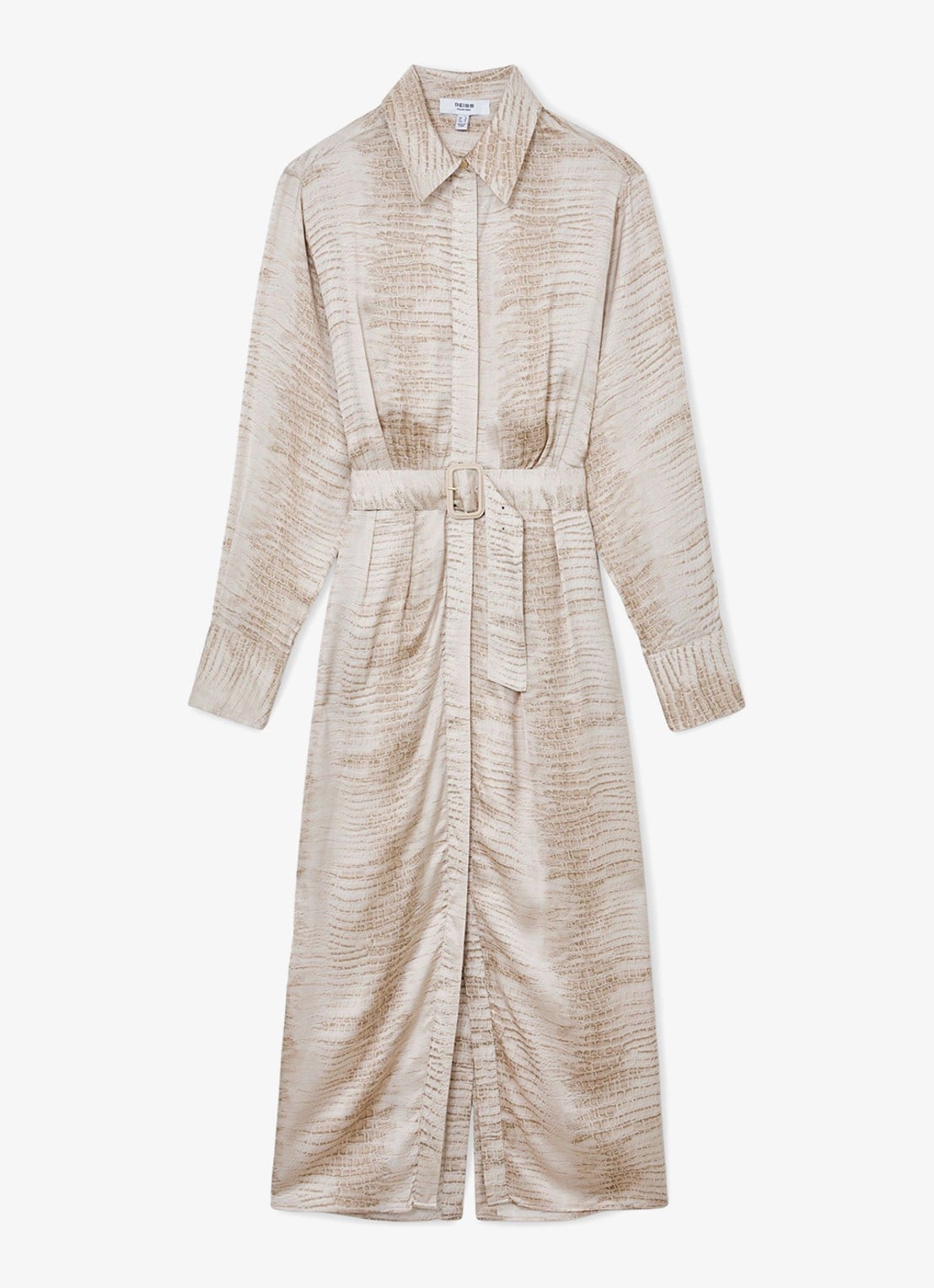 Reiss Sienna midi blousejurk met slangenprint en ceintuur - voorkant 6 neutral / beige