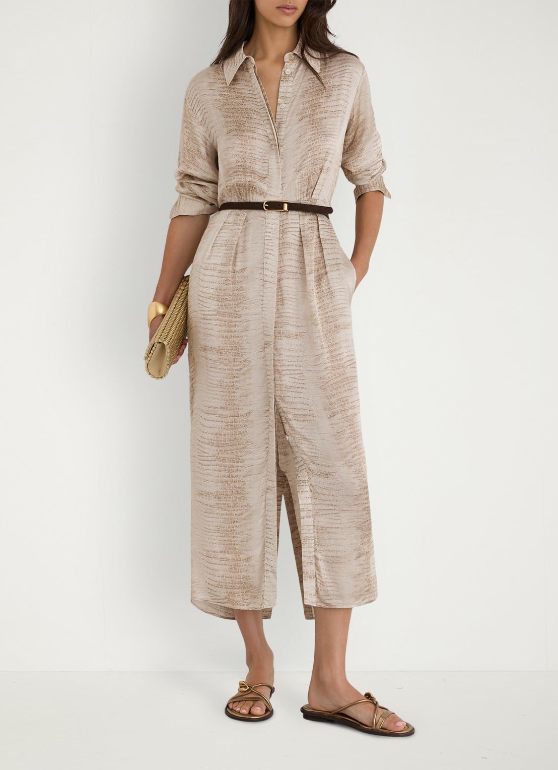 Reiss Sienna midi blousejurk met slangenprint en ceintuur - voorkant 7 neutral / beige