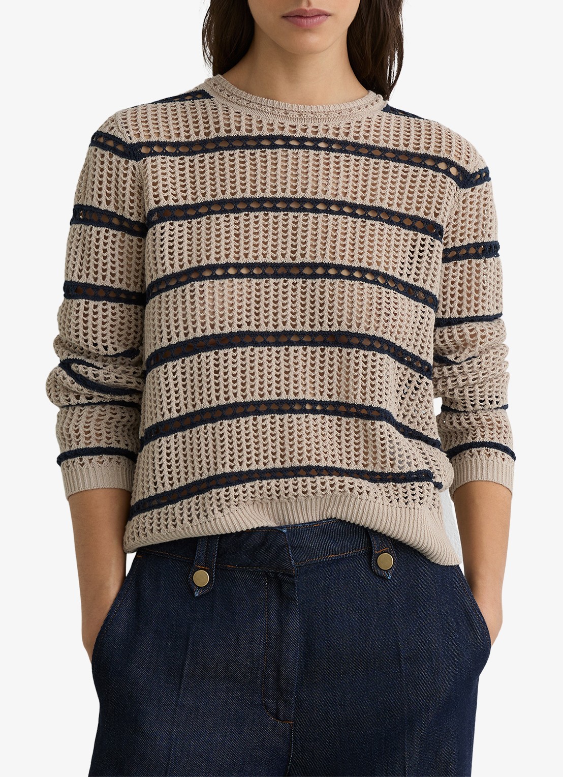 Reiss Skylar grofgebreide trui met streepprint - detail creme