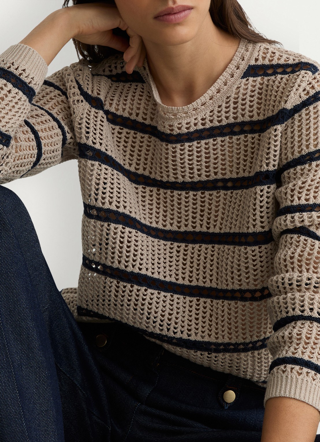 Reiss Skylar grofgebreide trui met streepprint - detail 2 creme