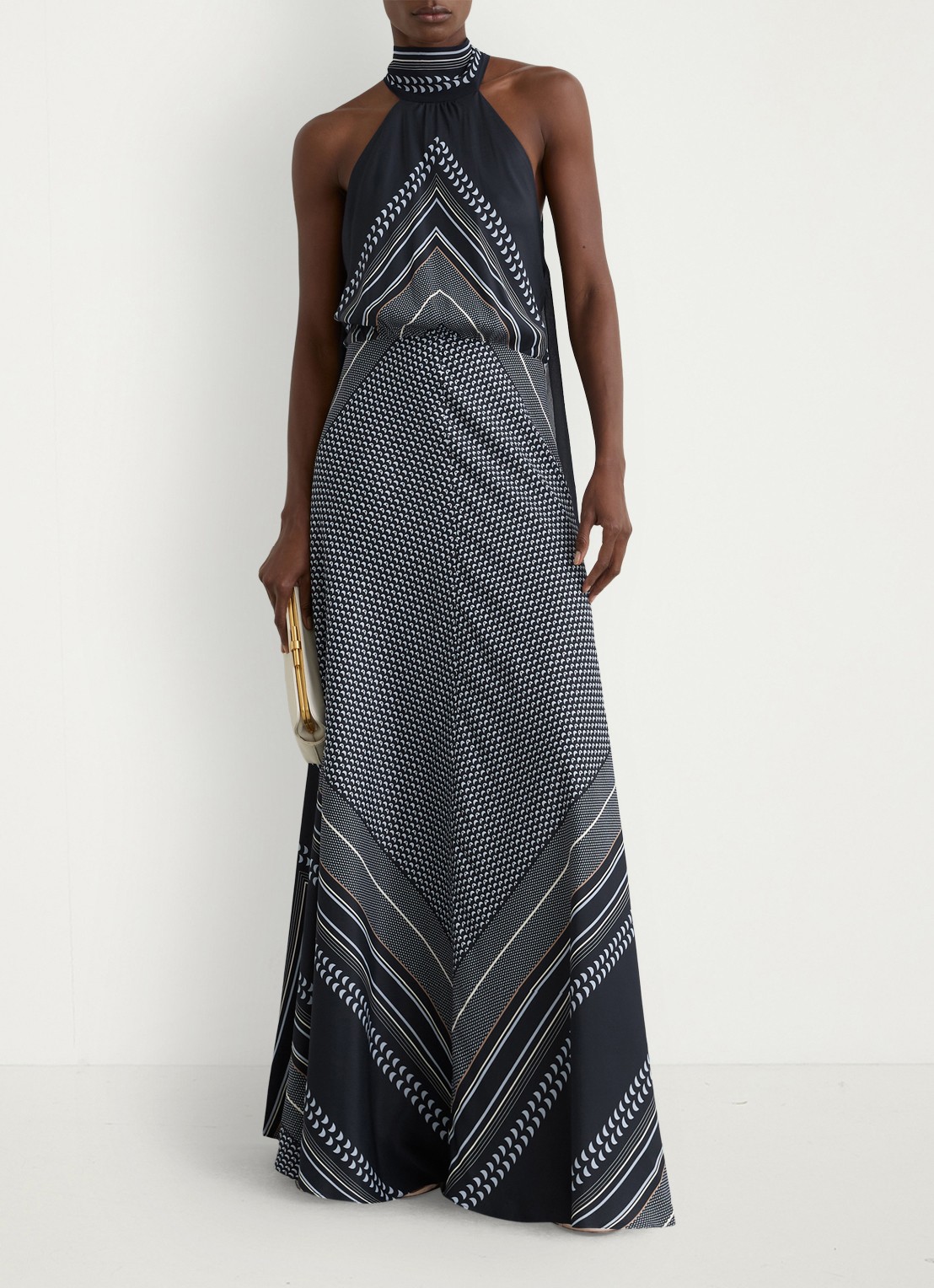 Reiss Skylar maxi jurk met grafisch patroon - voorkant 3 donkerblauw