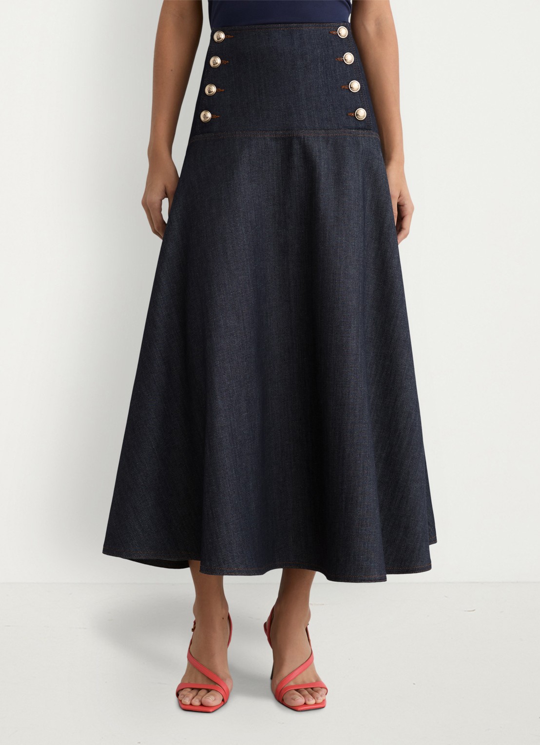 Reiss Skylar midi rok van denim met sierknopen - detail 4 dark blue / blauw