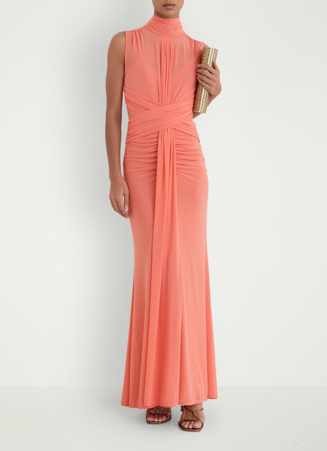 Reiss Starla maxi jurk met ruches - detail 4 koraal