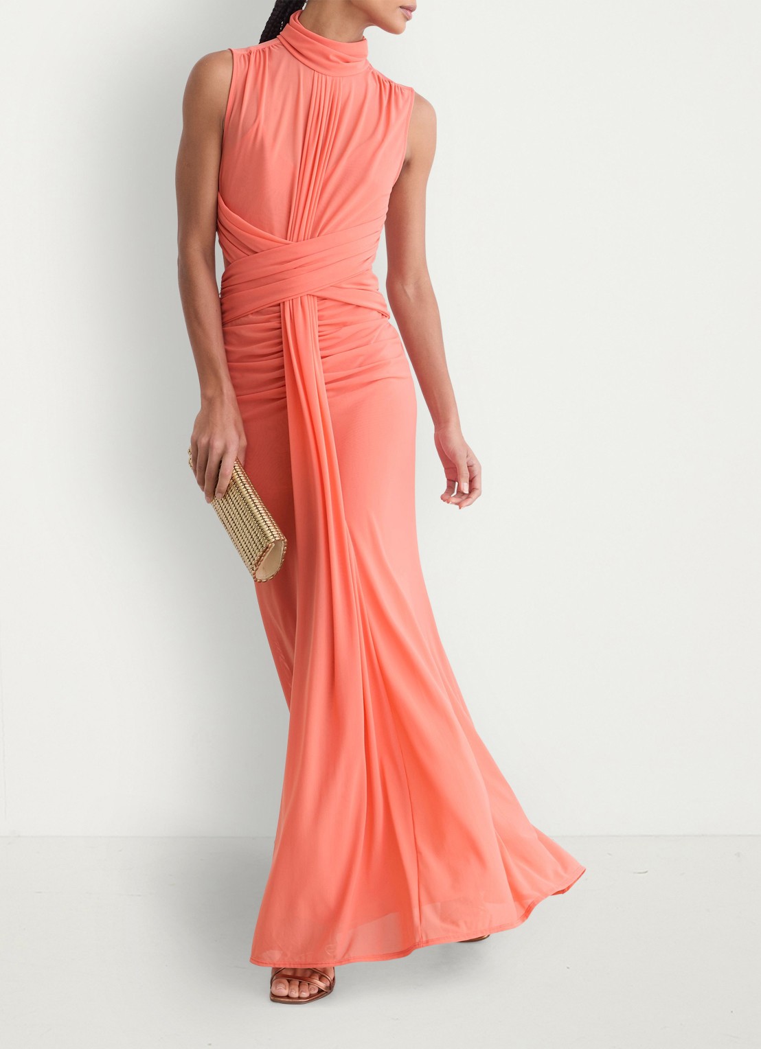 Reiss Starla maxi jurk met ruches - voorkant 7 koraal