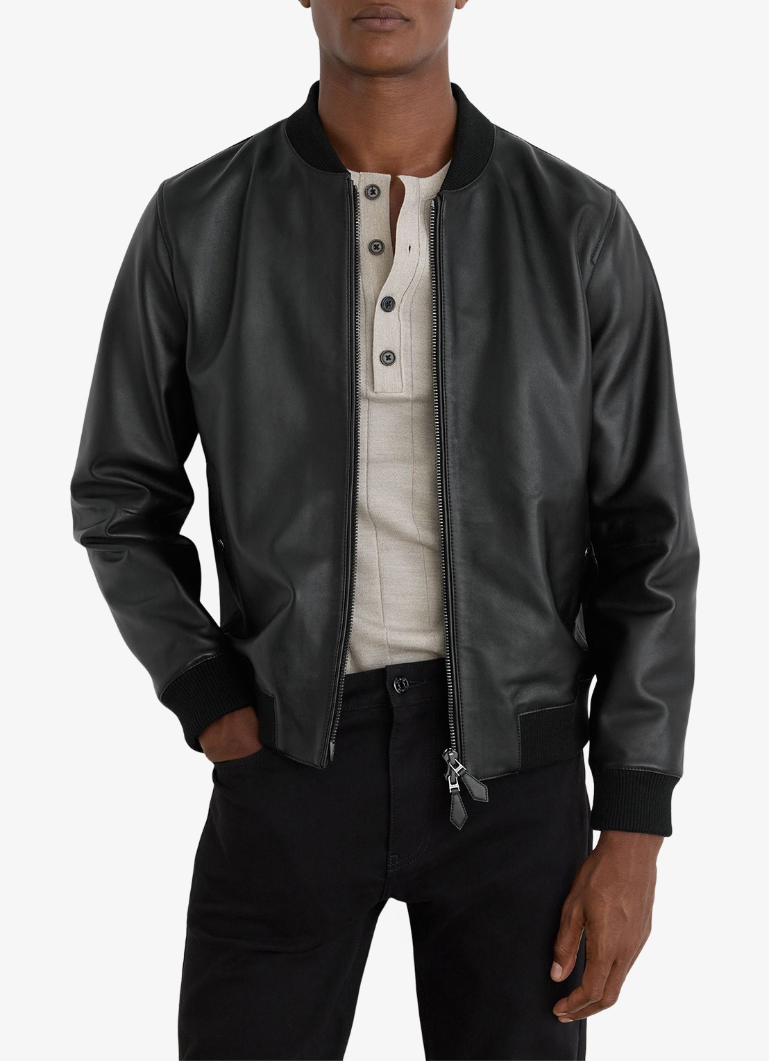 Reiss Strain bomberjack van leer - detail 2 black / zwart