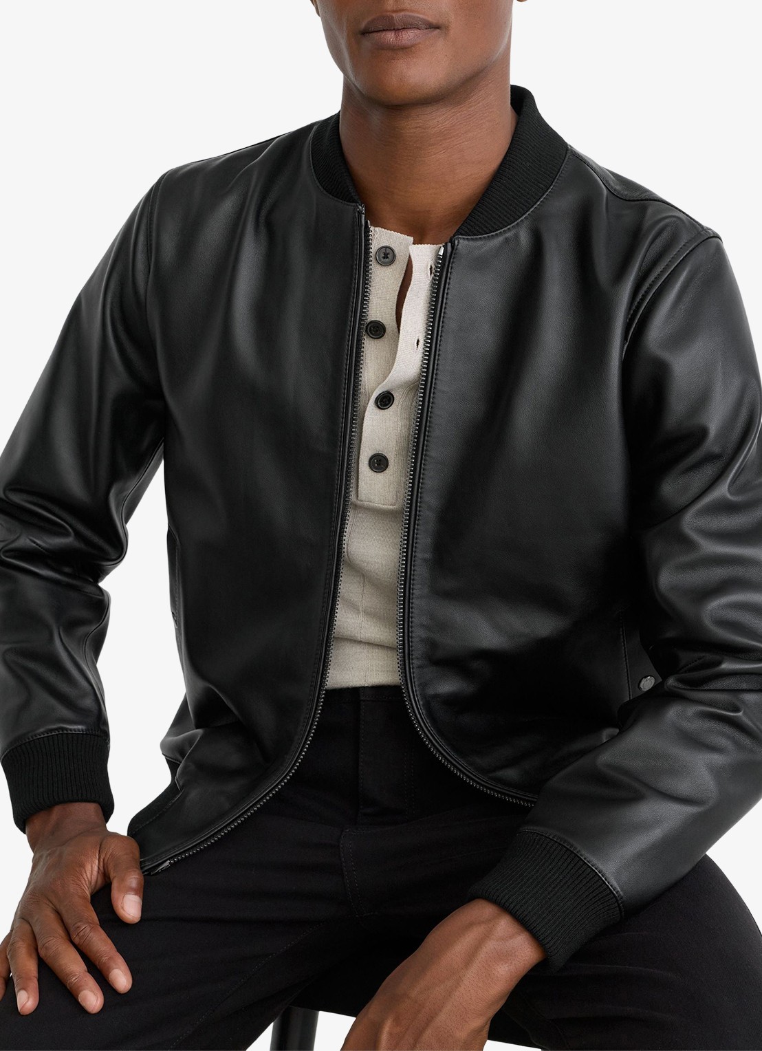 Reiss Strain bomberjack van leer - detail 4 black / zwart