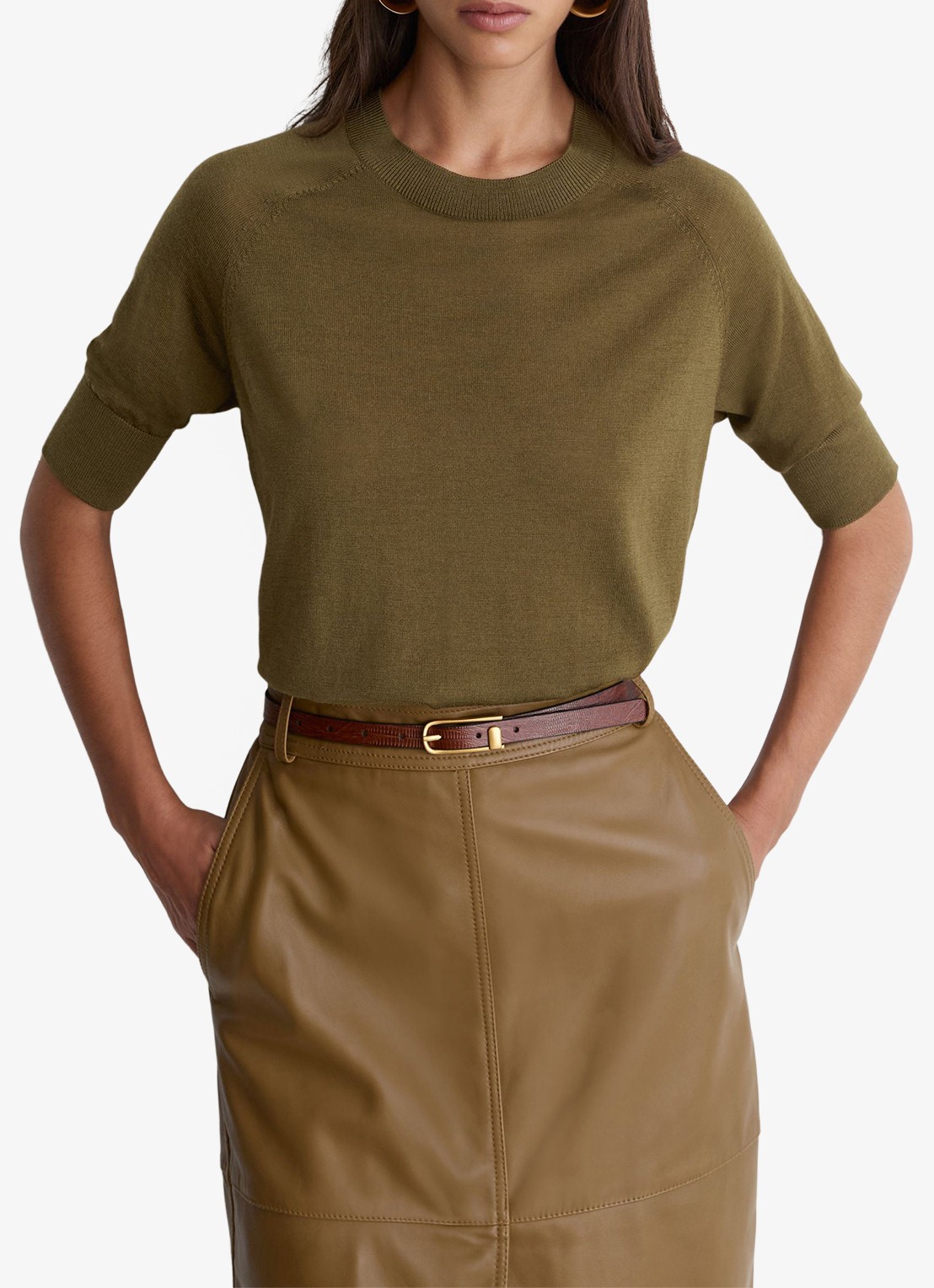Reiss Suzzie fijngebreid T-Shirt in merino wolblend - detail 4 khaki