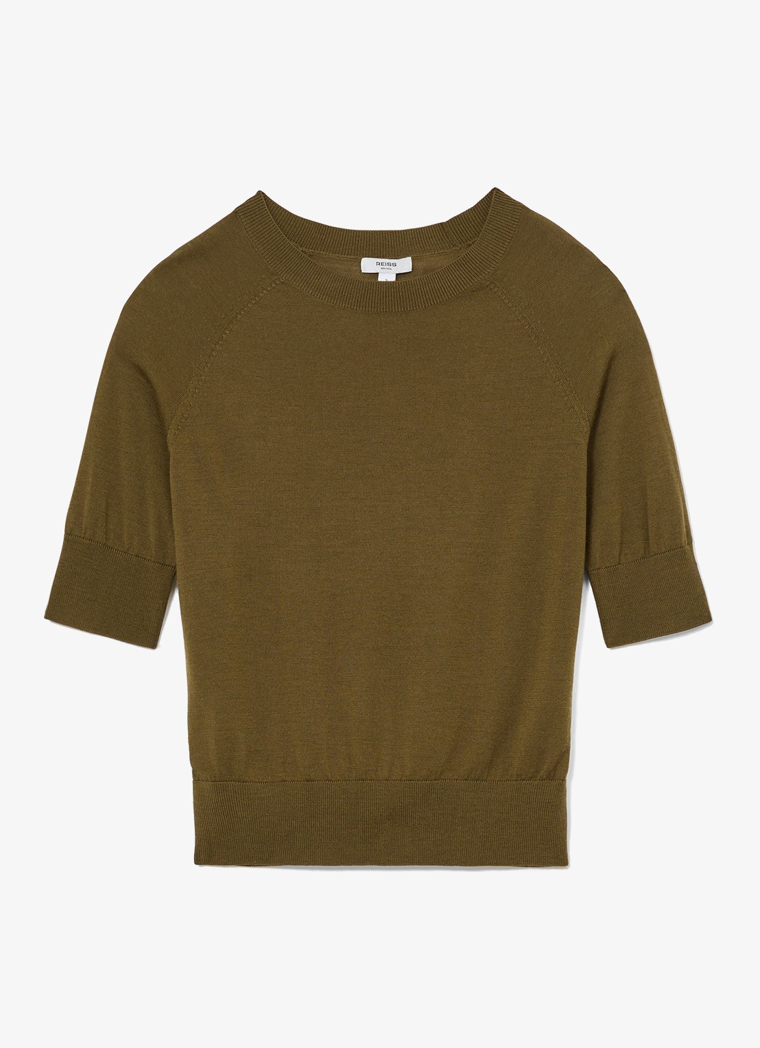 Reiss Suzzie fijngebreid T-Shirt in merino wolblend - voorkant 2 khaki
