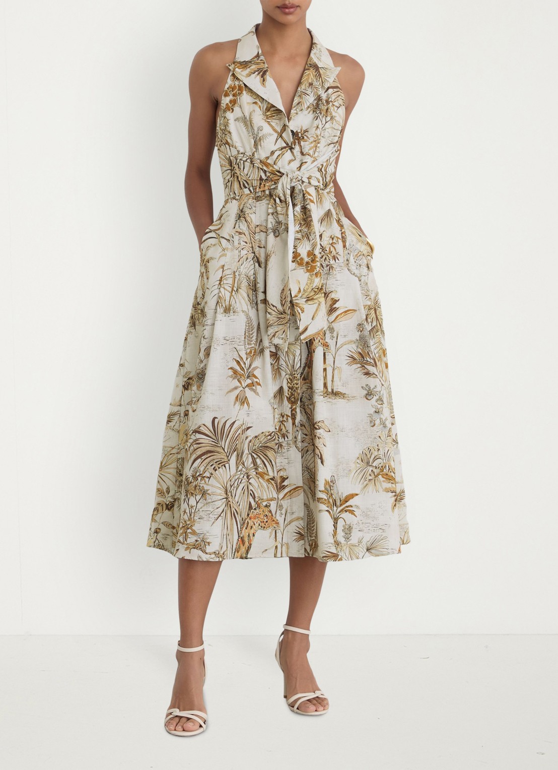 Reiss Tate midi jurk met print - voorkant 2 gebroken wit