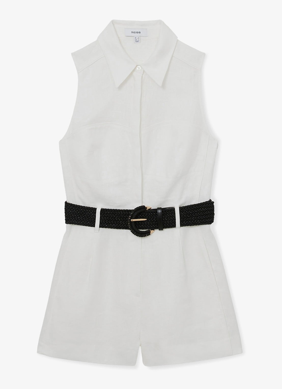 Reiss Taylor playsuit van linnen met ceintuur - voorkant wit