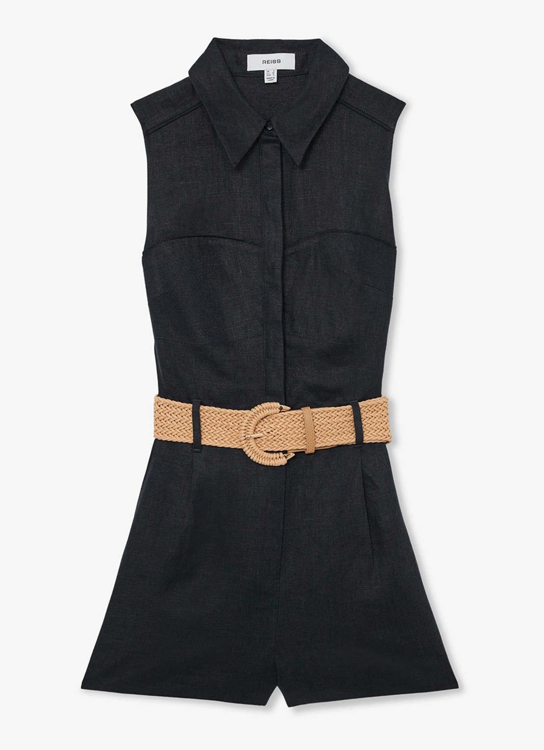 Reiss Taylor playsuit van linnen met ceintuur - voorkant 2 donkerblauw