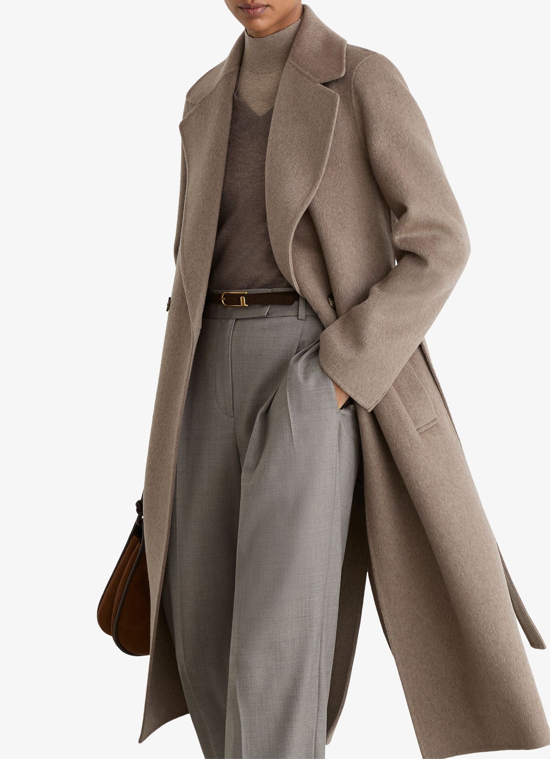 Reiss Thea double-breasted mantel in kasjmierblend  - detail 2 donkerbeige