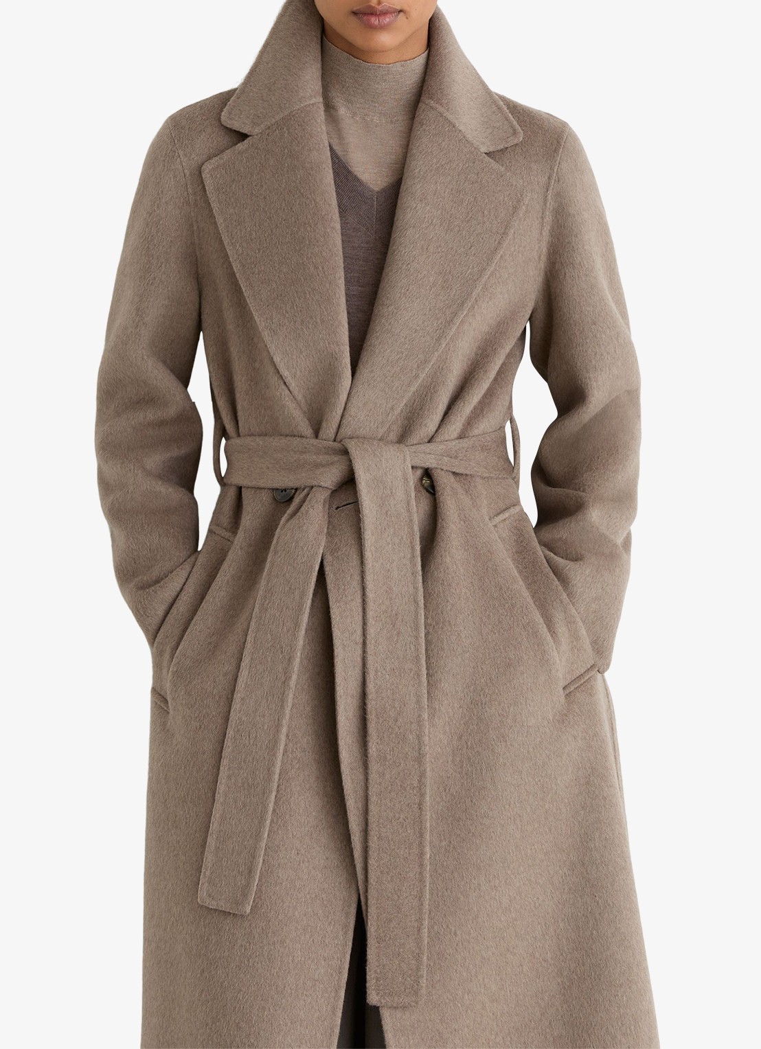 Reiss Thea mantel met strikceintuur - detail donkerbeige