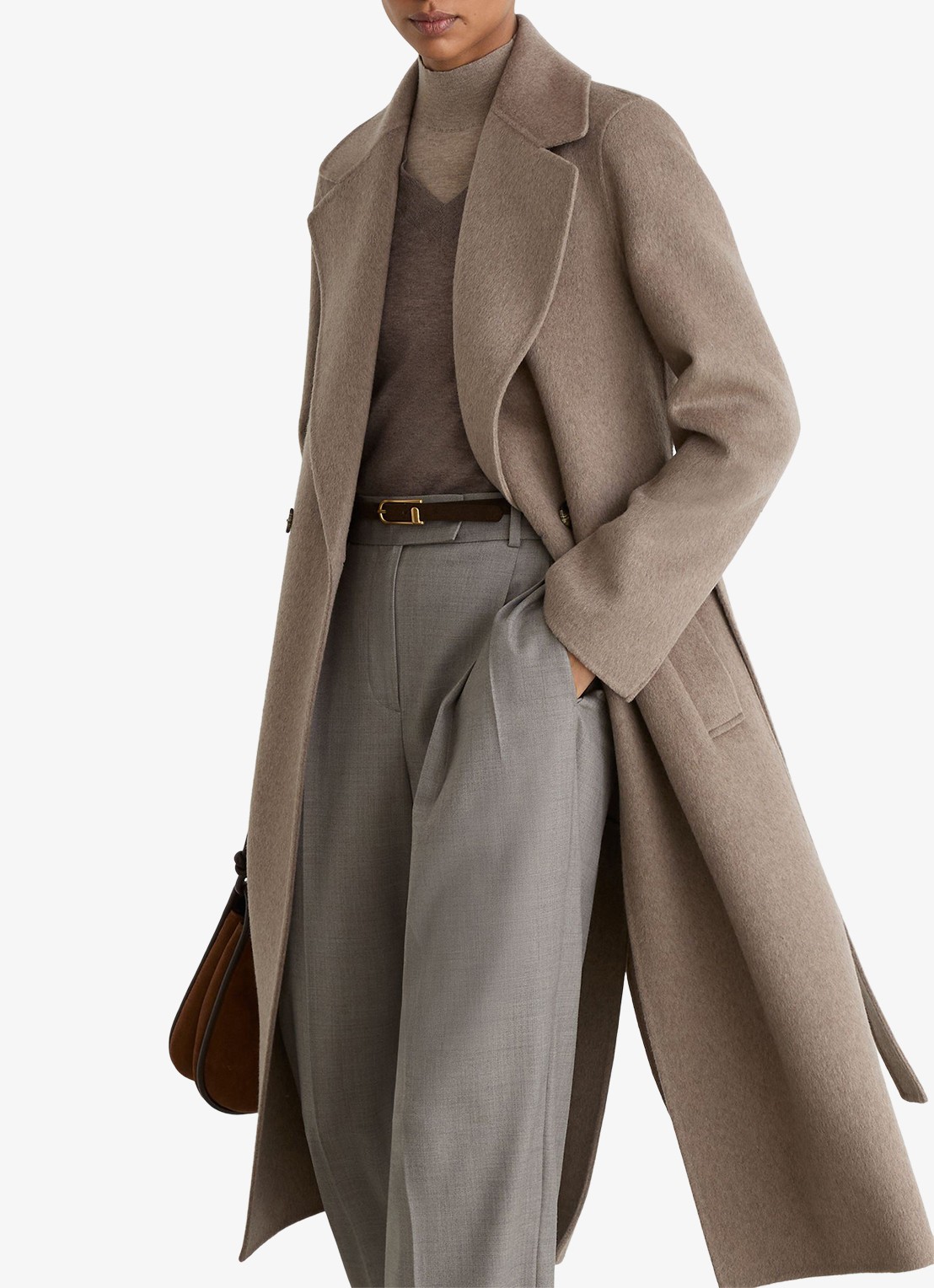 Reiss Thea mantel met strikceintuur - detail 5 donkerbeige